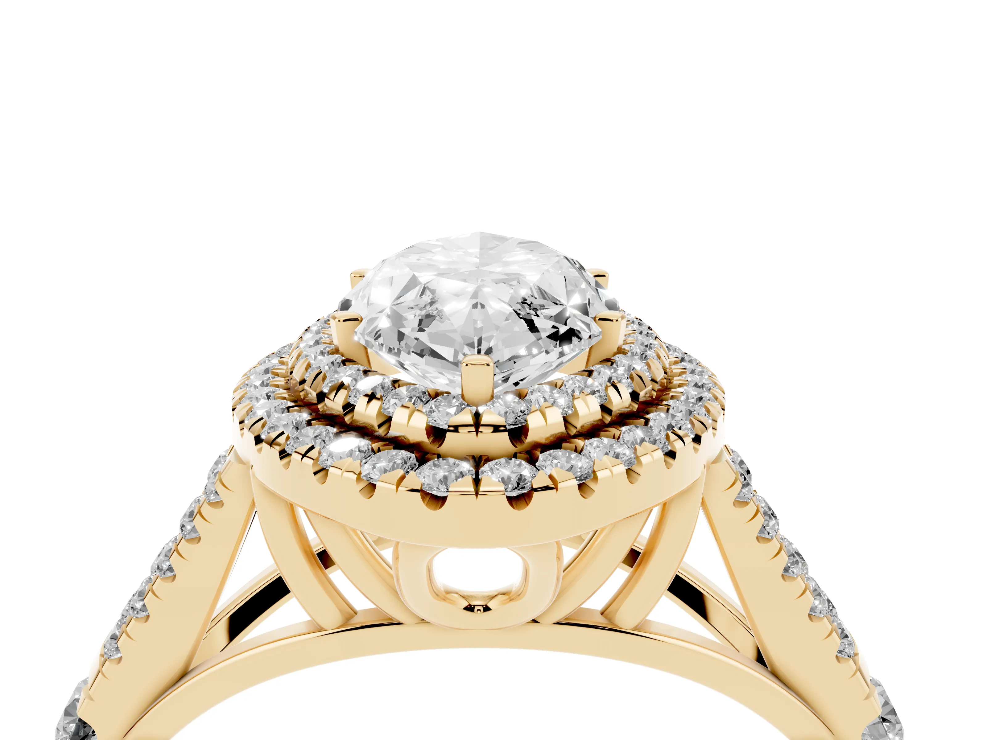 Marquise Cut Diamond Pavé Split Shank Double Halo Engagement Ring Set in Yellow gold