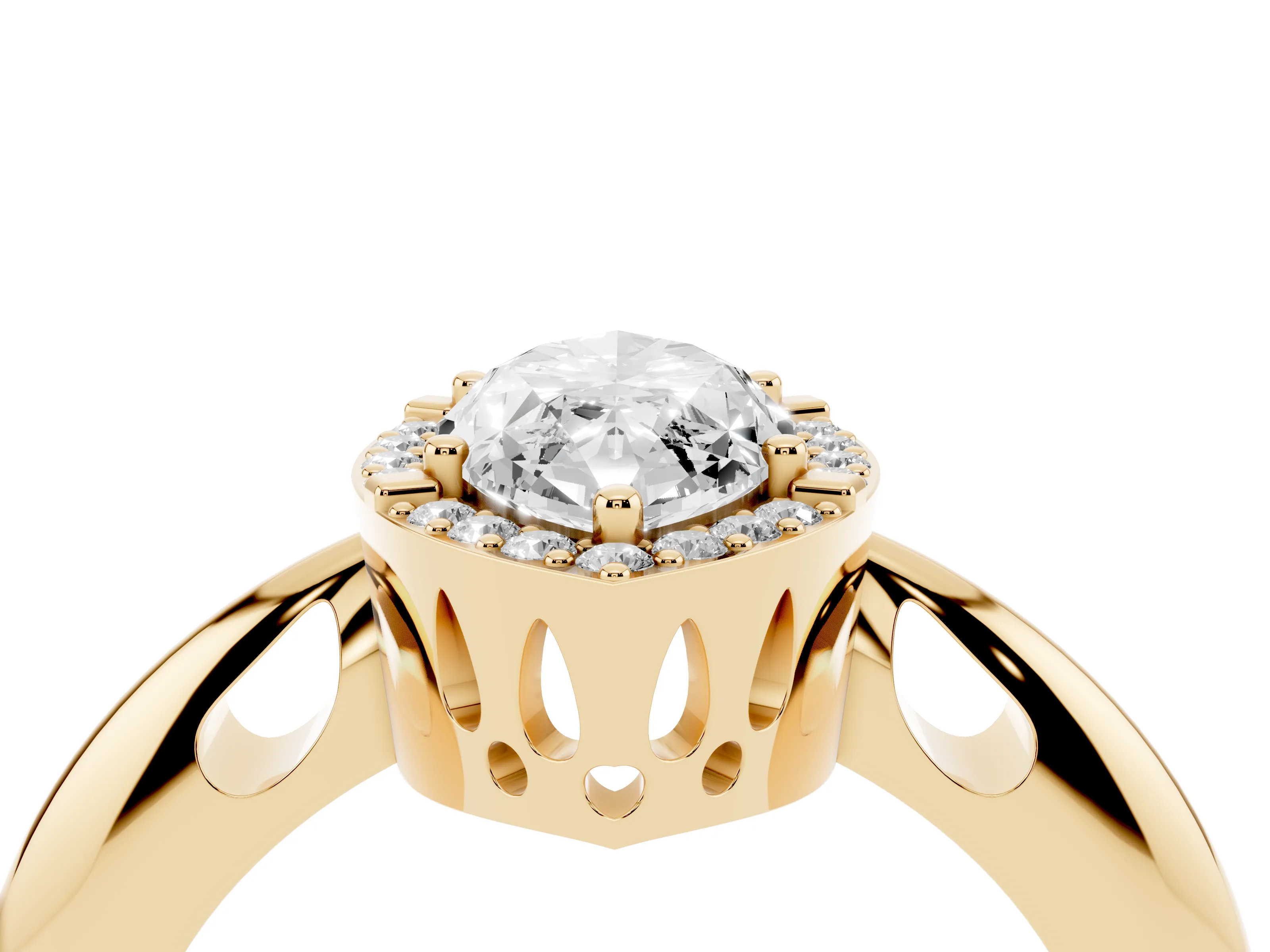 Marquise Cut Diamond Halo Engagement Ring Set in Yellow gold with Plain Split Shank and Prong Setting