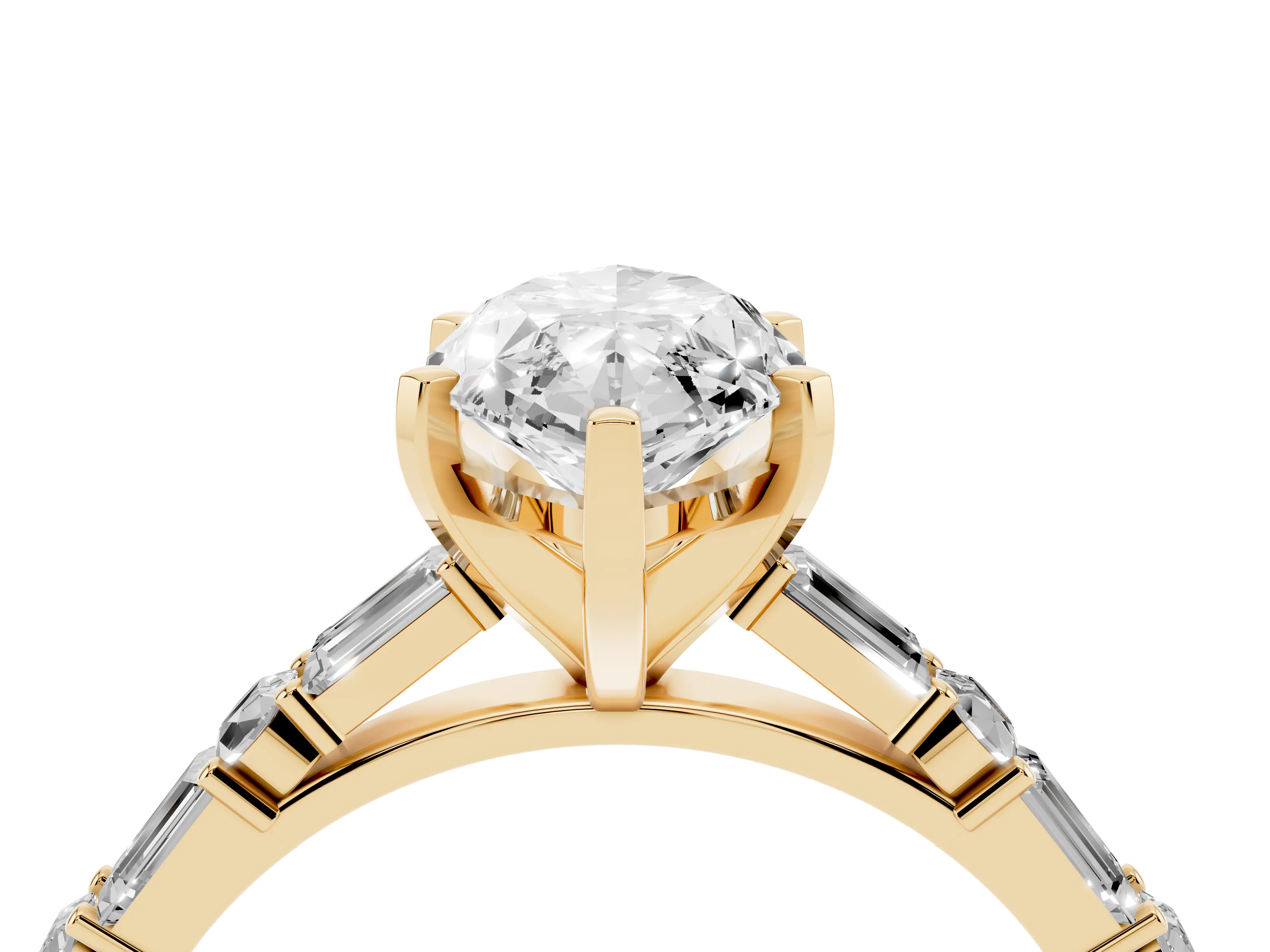 Marquise Cut Diamond Solitaire Set in Yellow gold with Side Baguettes and Channel Set Band
