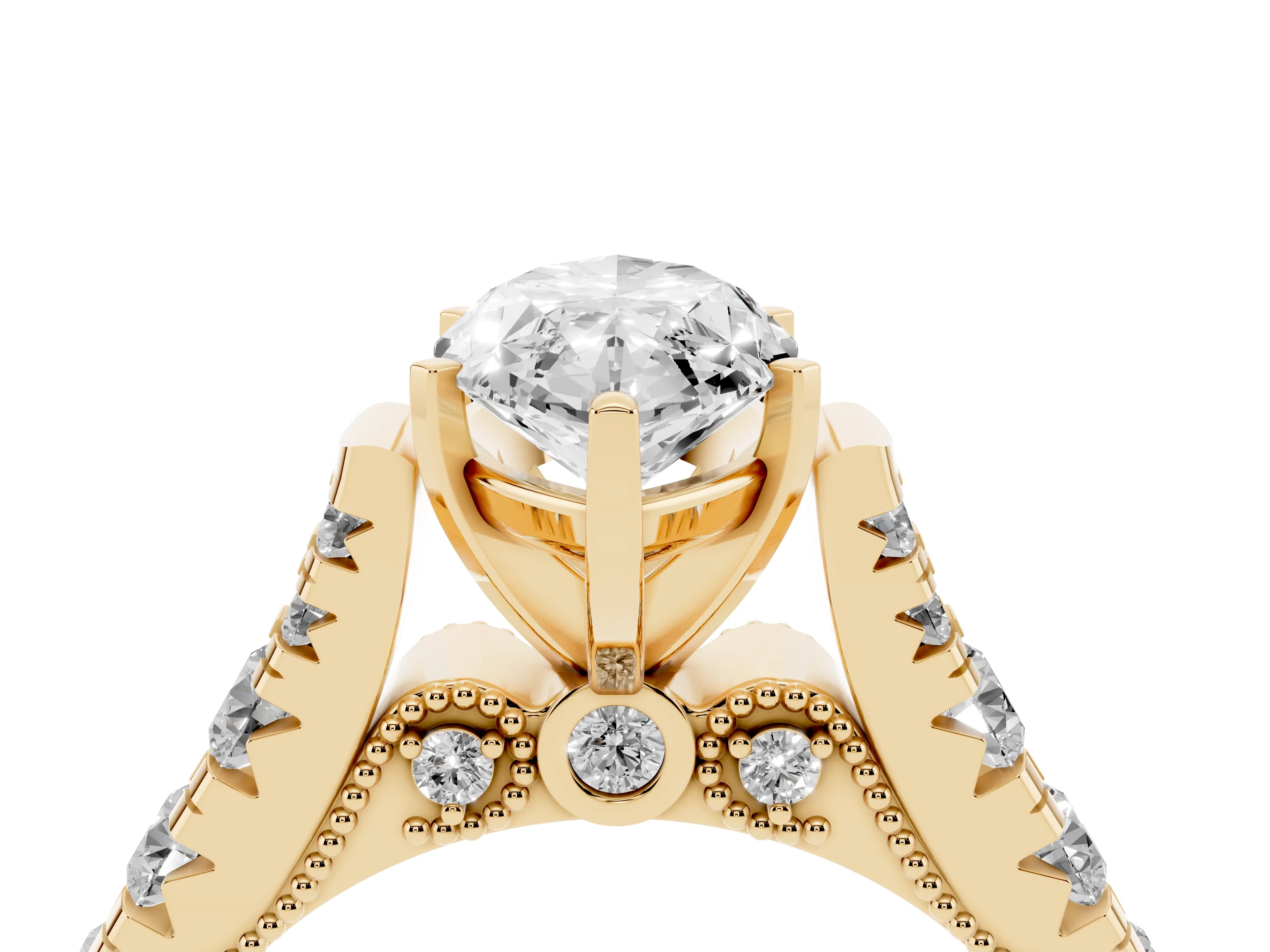 Marquise Cut Diamond Classic Solitaire Ring Set in Yellow gold with Pavé Band and Prong Setting