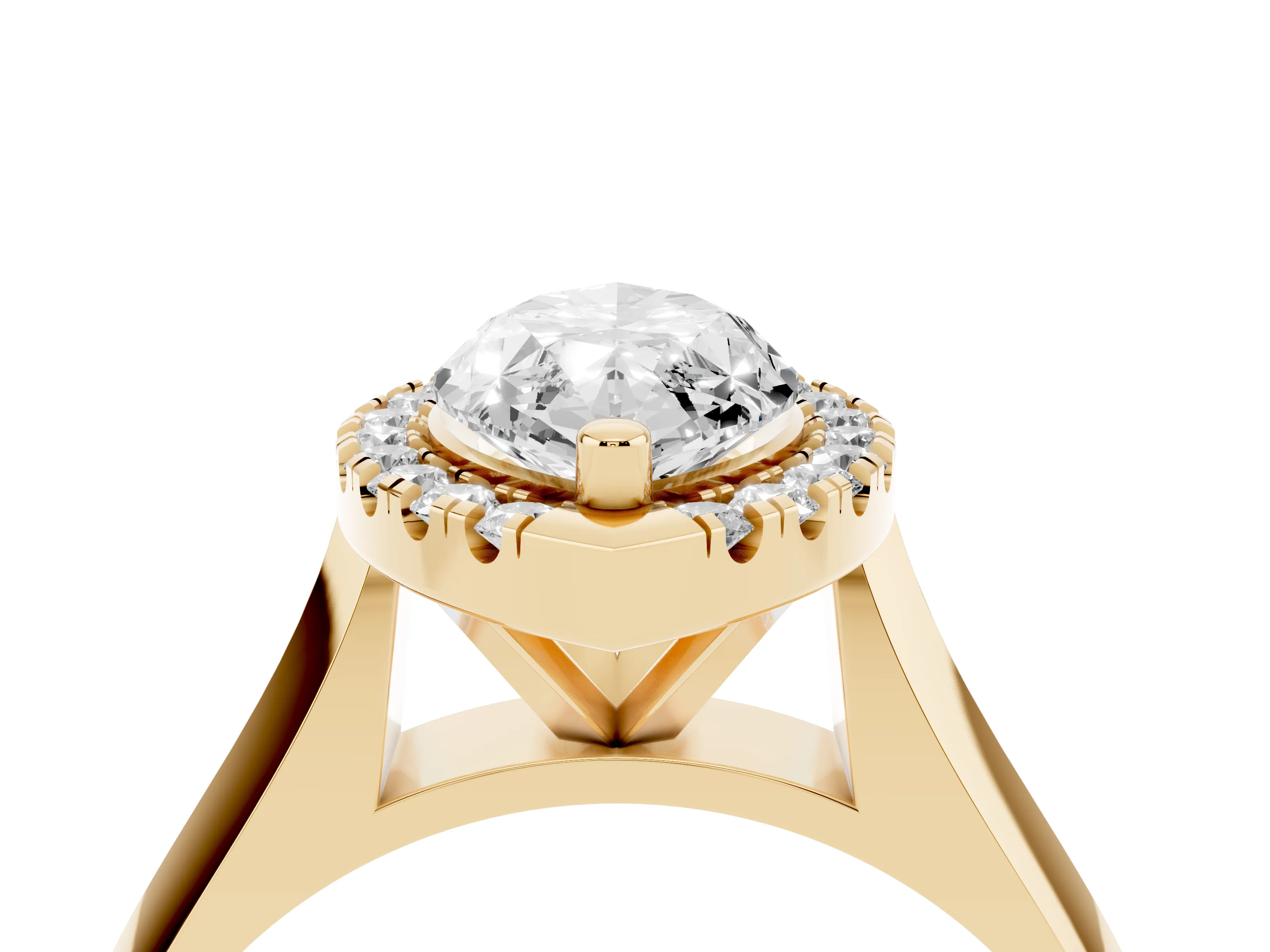 Marquise Cut Diamond Halo Solitaire Engagement Ring Set in Yellow gold with Square Band and Prong Setting