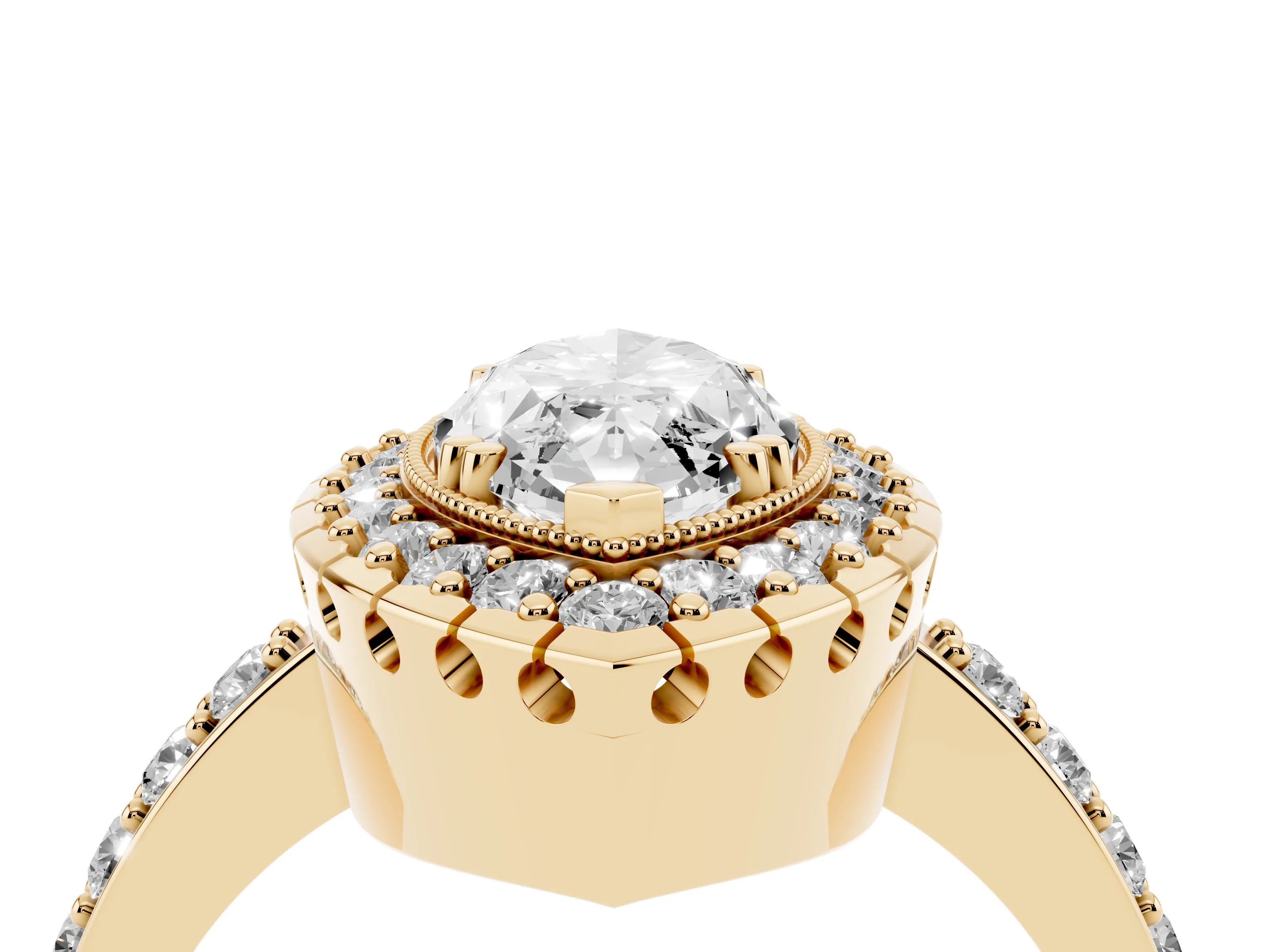 Marquise Cut Diamond Halo Ring Set in Yellow gold with Pavé Shank and Prong Setting
