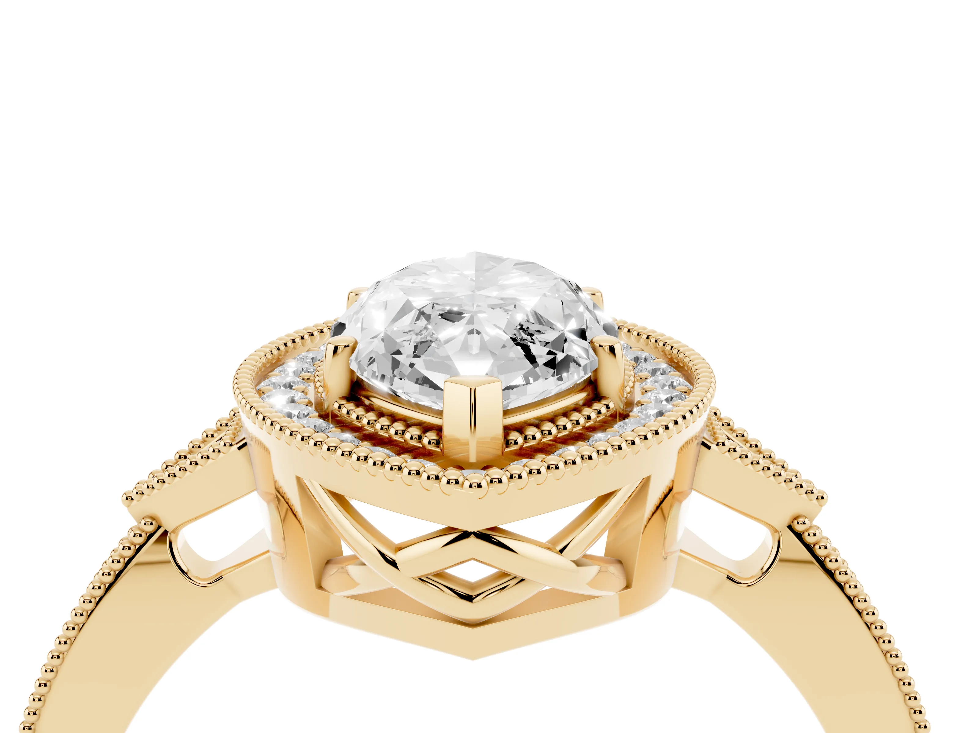 Marquise Cut Diamond Halo Engagement Ring Set in Yellow gold with Milgrain Pavé Band