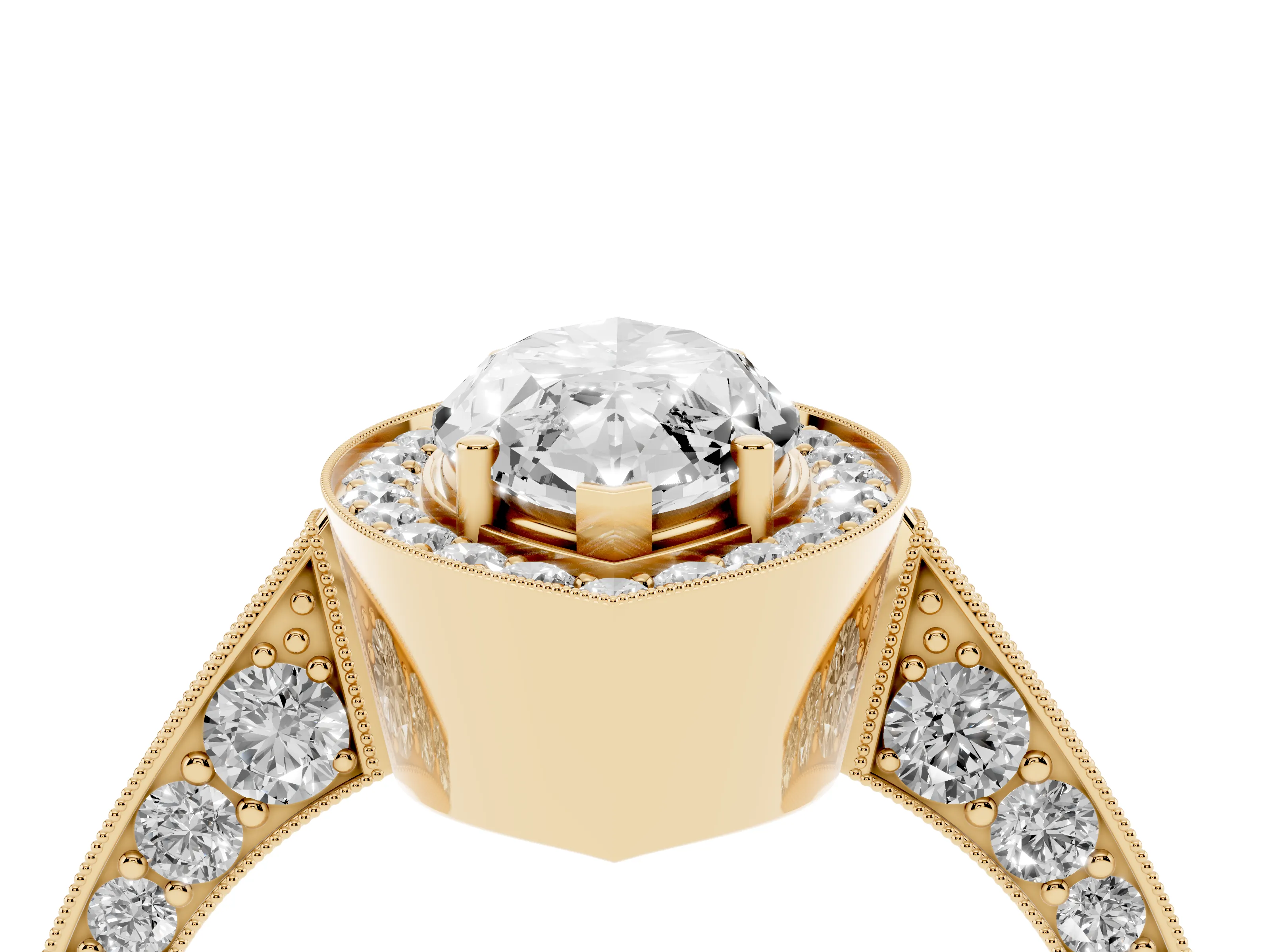 Marquise Cut Diamond Halo Engagement Ring Set in Yellow gold with Accent Split Shank Band