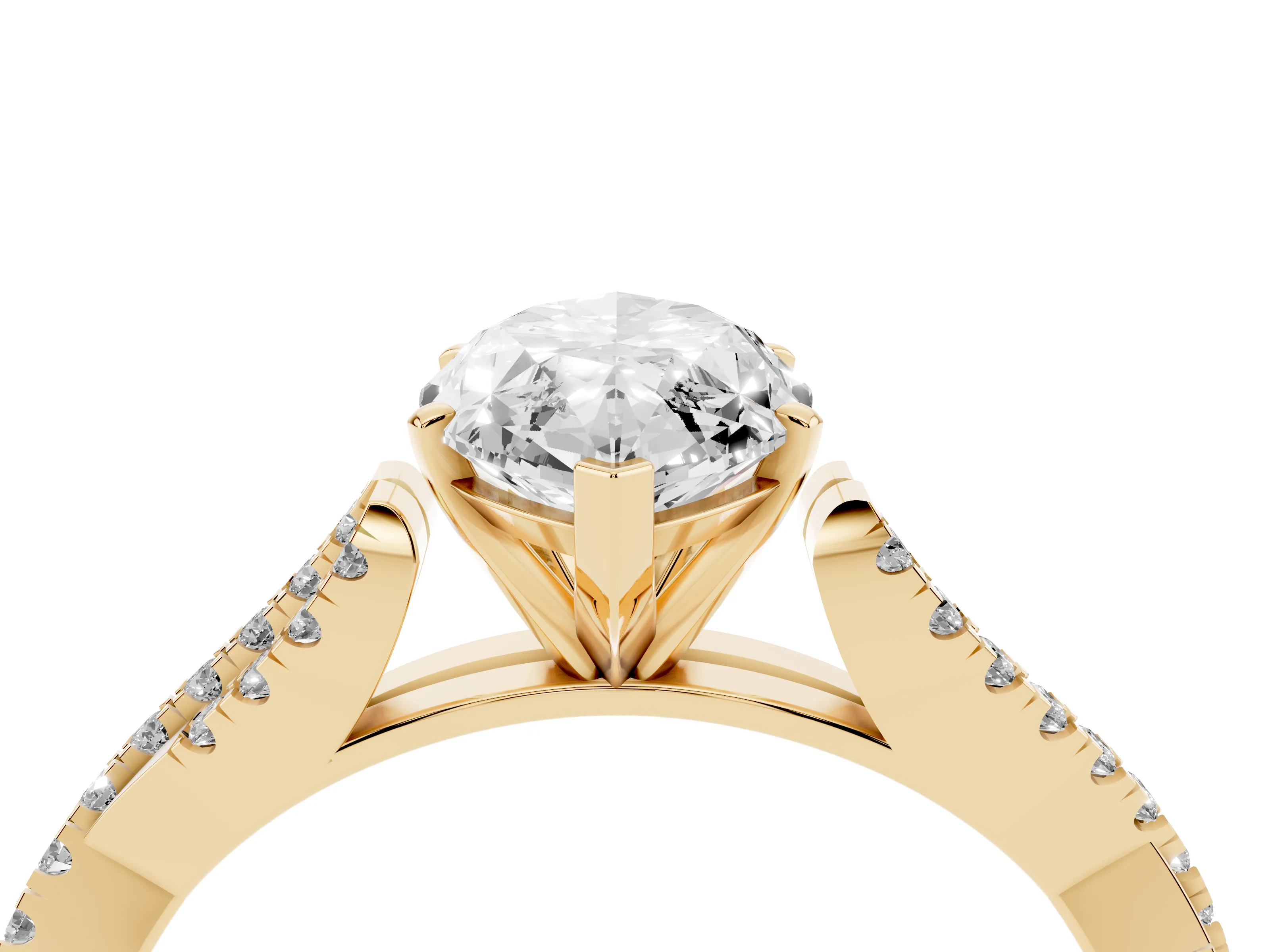Marquise Cut Diamond Solitaire Engagement Ring Set in Yellow gold with Twisted Pavé Band and Prong Setting