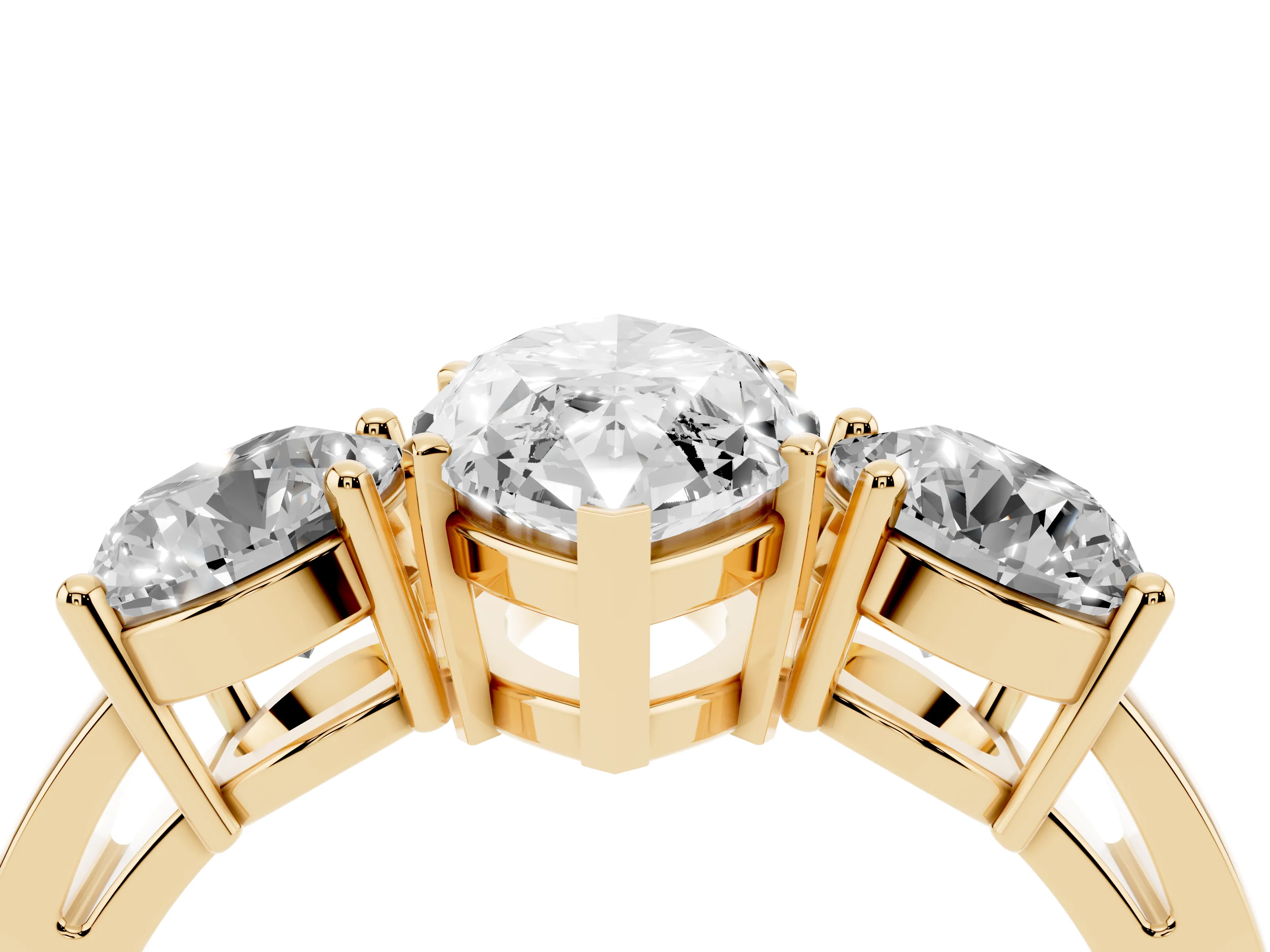 Marquise Cut Diamond Three-Stone Ring Set in Yellow gold with Round Side Stones and Classic Band