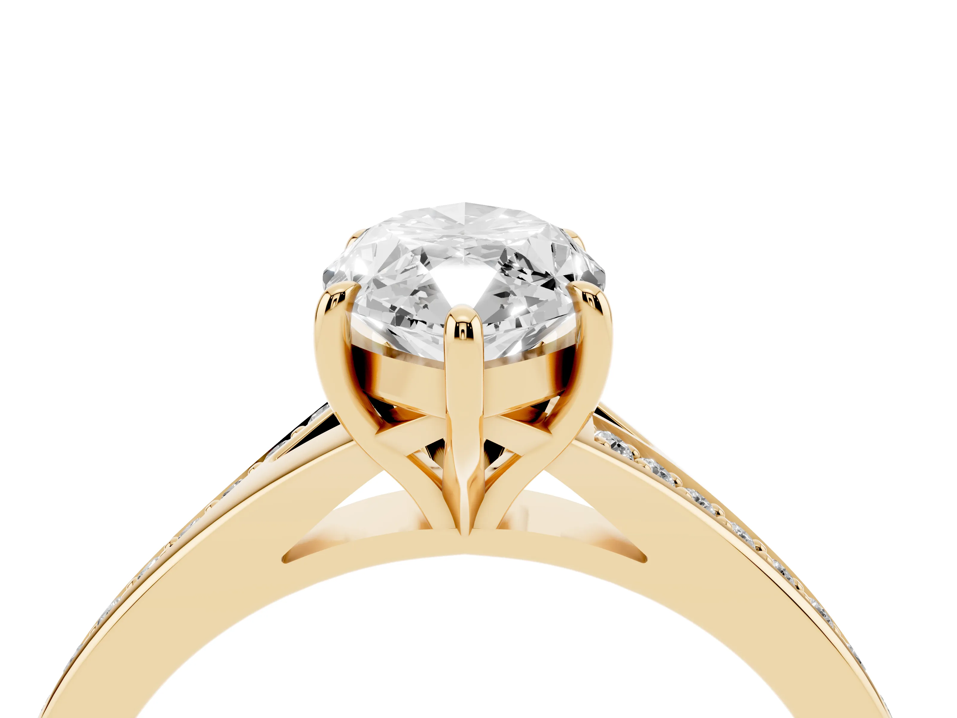 Marquise Cut Diamond Solitaire Ring Set in Yellow gold with Pavé Accent Band and Classic Prong Setting