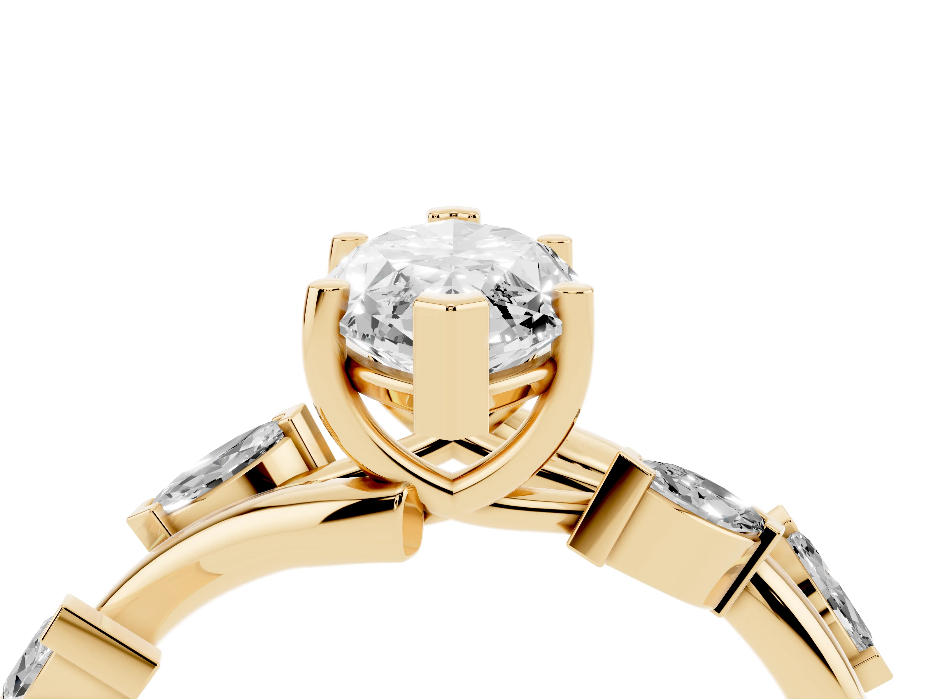 Marquise Cut Diamond Solitaire Ring Set in Yellow gold with Twisted Marquise Accent Band