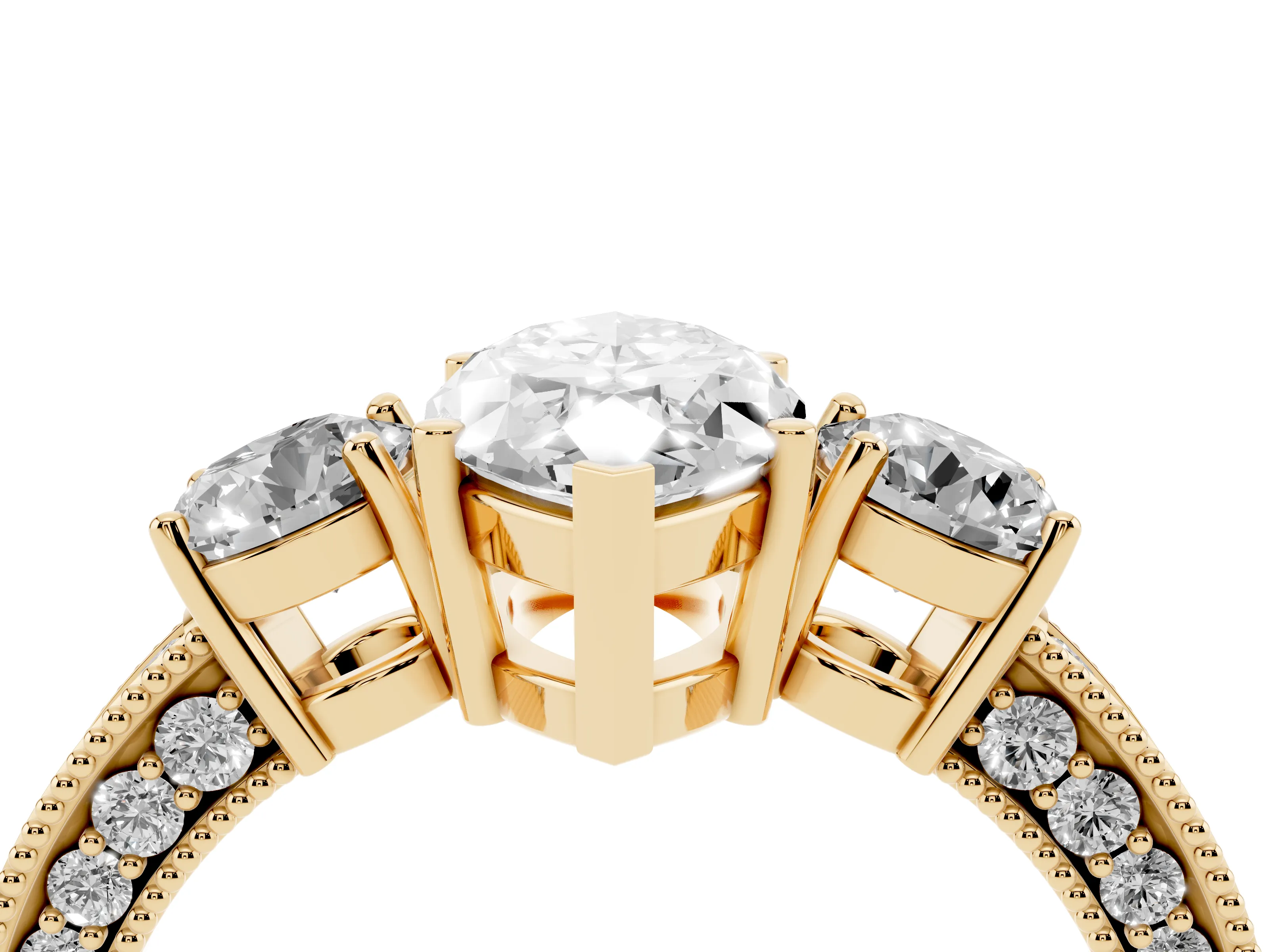 Marquise Cut Diamond Three-Stone Ring Set in Yellow gold with Round Side Stones and Pavé Band