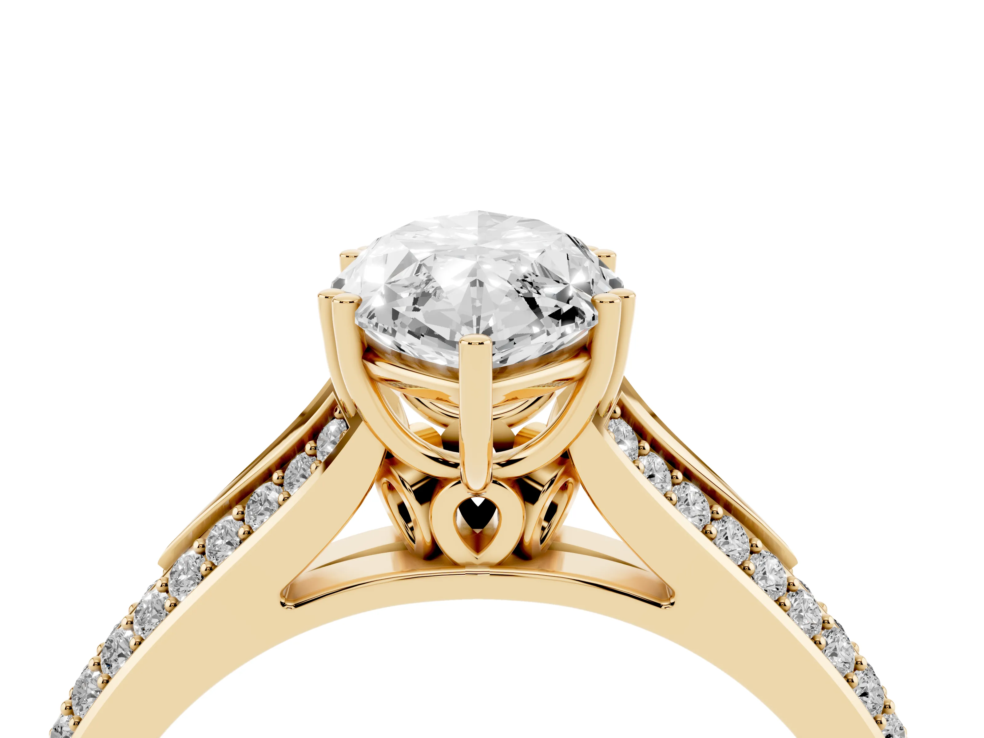 Marquise Cut Diamond Split Shank Pavé Engagement Ring Set in Yellow gold with Prong-Set Center Stone