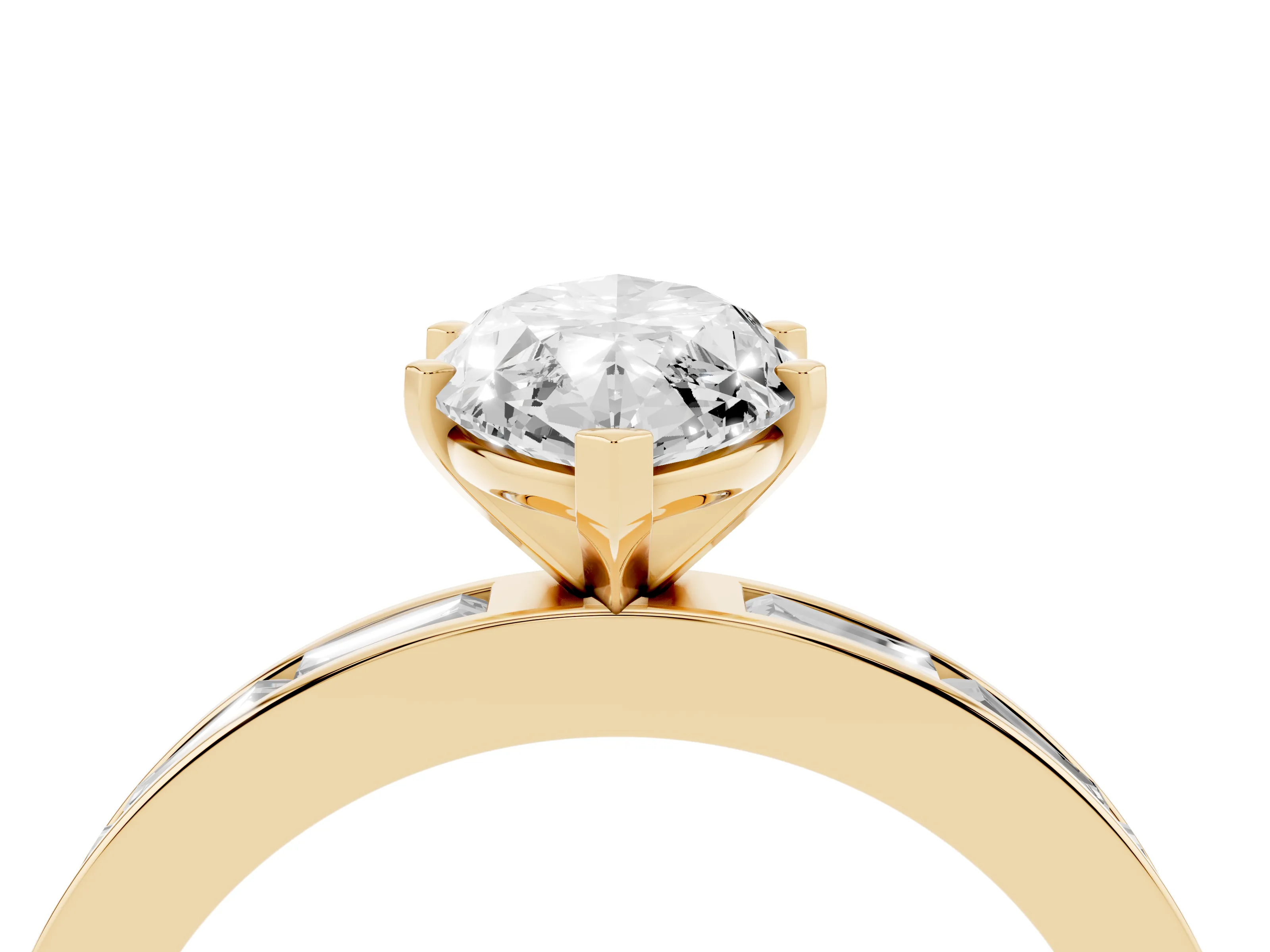 Marquise Cut Diamond Solitaire Ring Set in Yellow gold with Channel-Set Baguette Band and Prong Setting