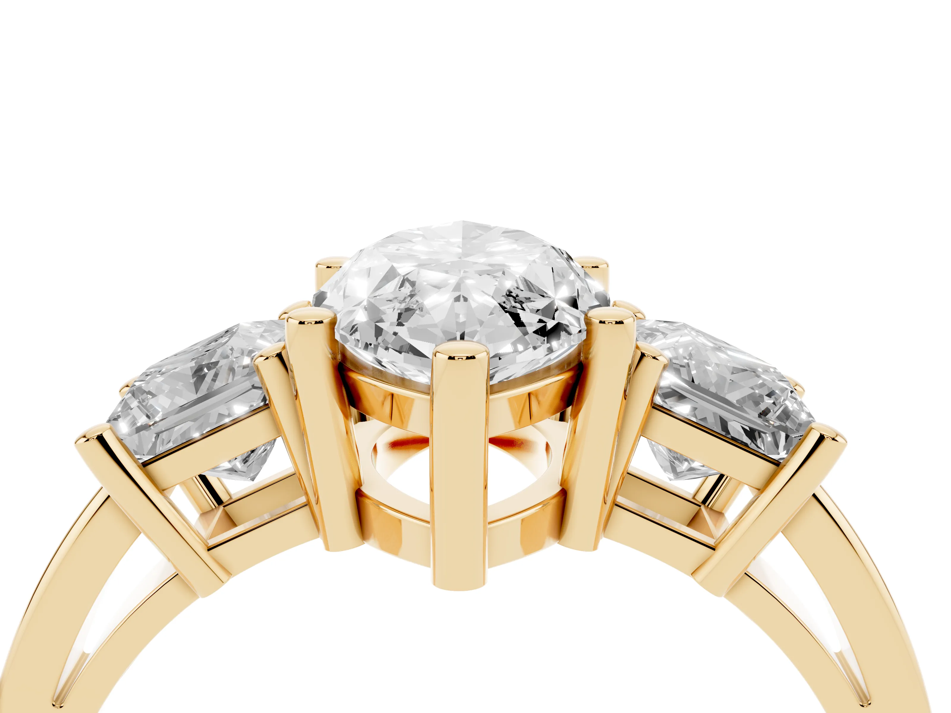 Three-Stone Marquise Cut Diamond Solitaire Ring Set in Yellow gold with Prong Setting