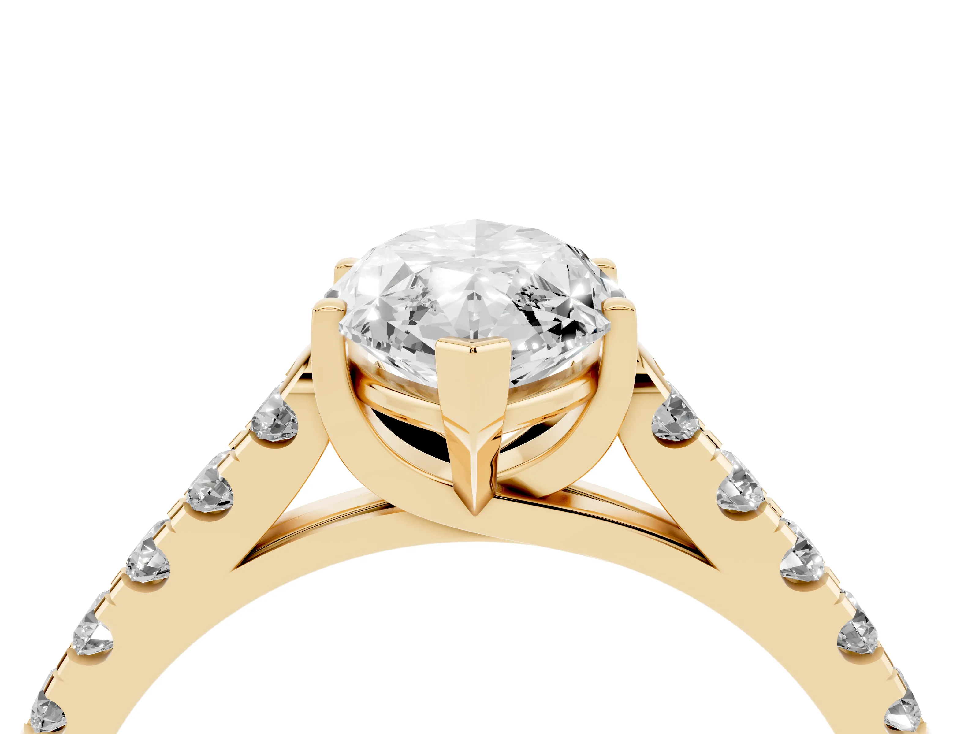 Marquise Cut Diamond Pavé Band Solitaire Ring Set in Yellow gold with Partway Accent Stones and Prong Setting