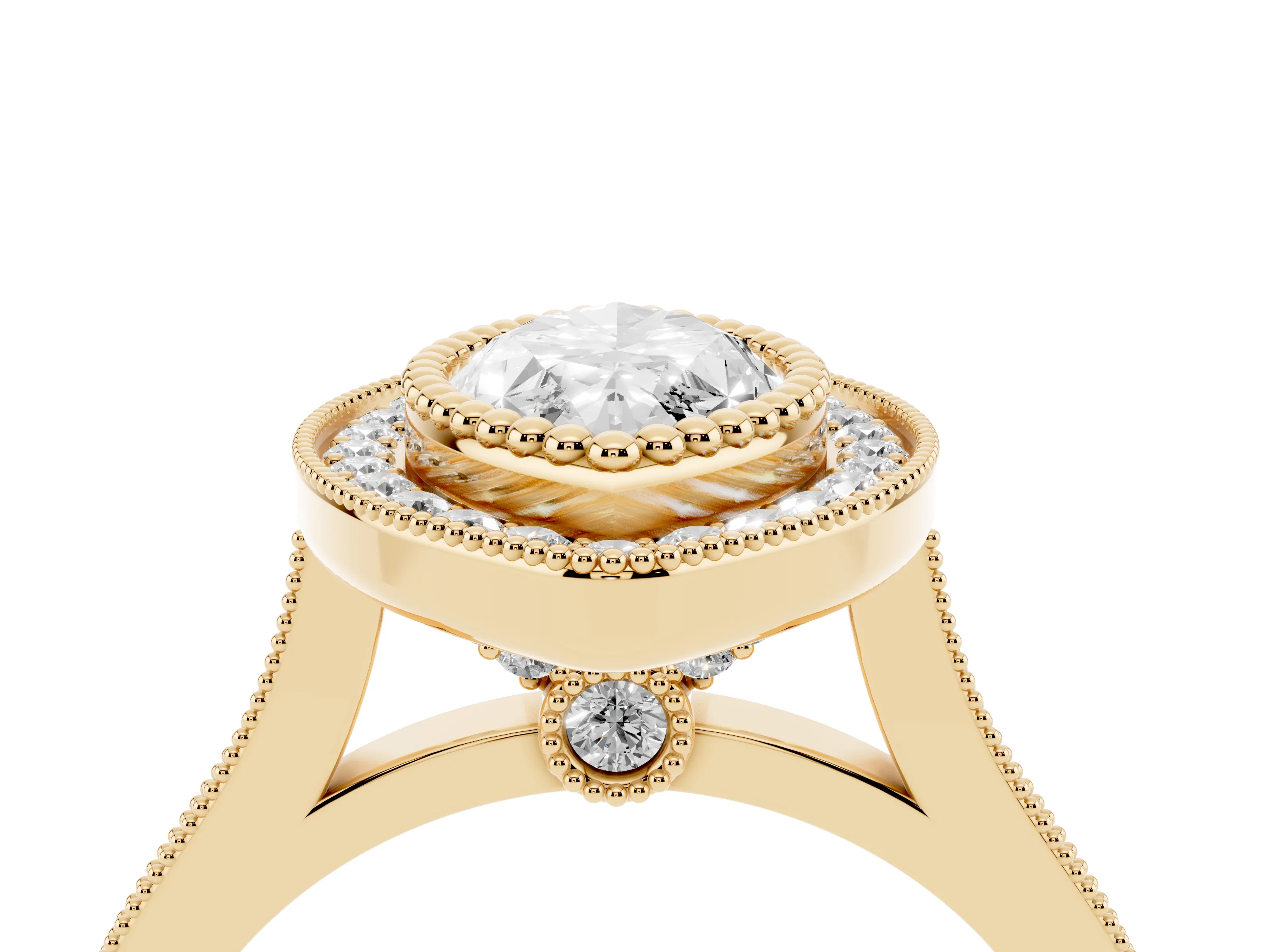 Marquise Cut Diamond Halo Ring Set in Yellow gold with Milgrain Frame and Pavé Band