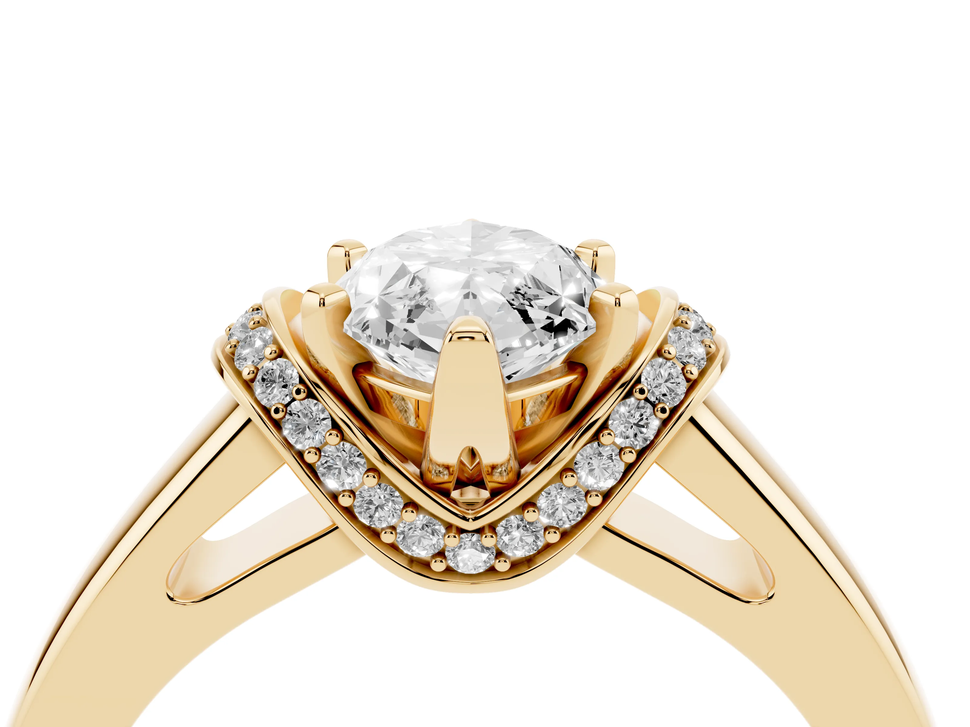Marquise Cut Diamond Pavé Band Solitaire Ring Set in Yellow gold with Prong Setting