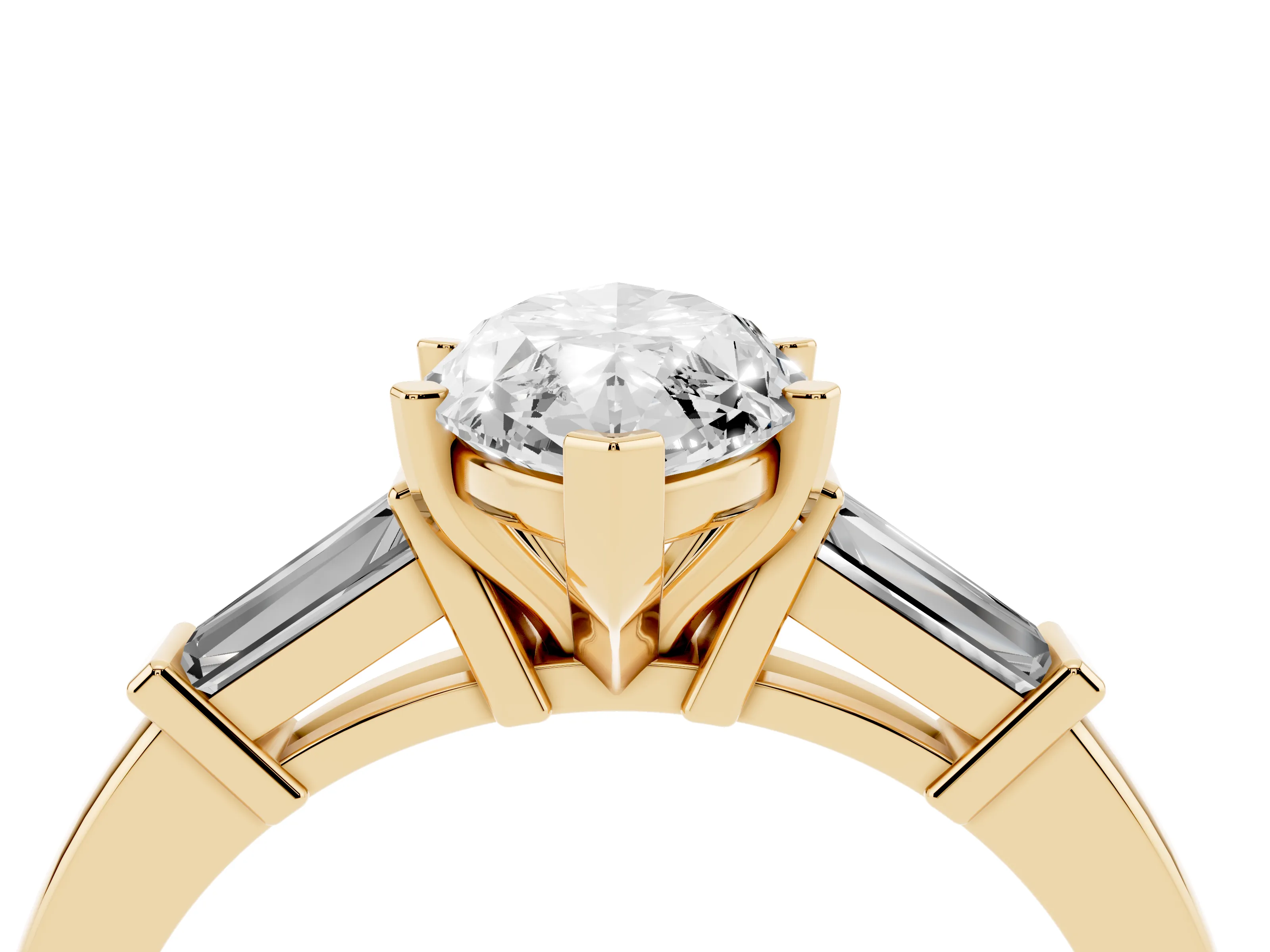 Marquise Cut Diamond Solitaire Ring Set in Yellow gold with Tapered Baguette Accents and Prong Setting