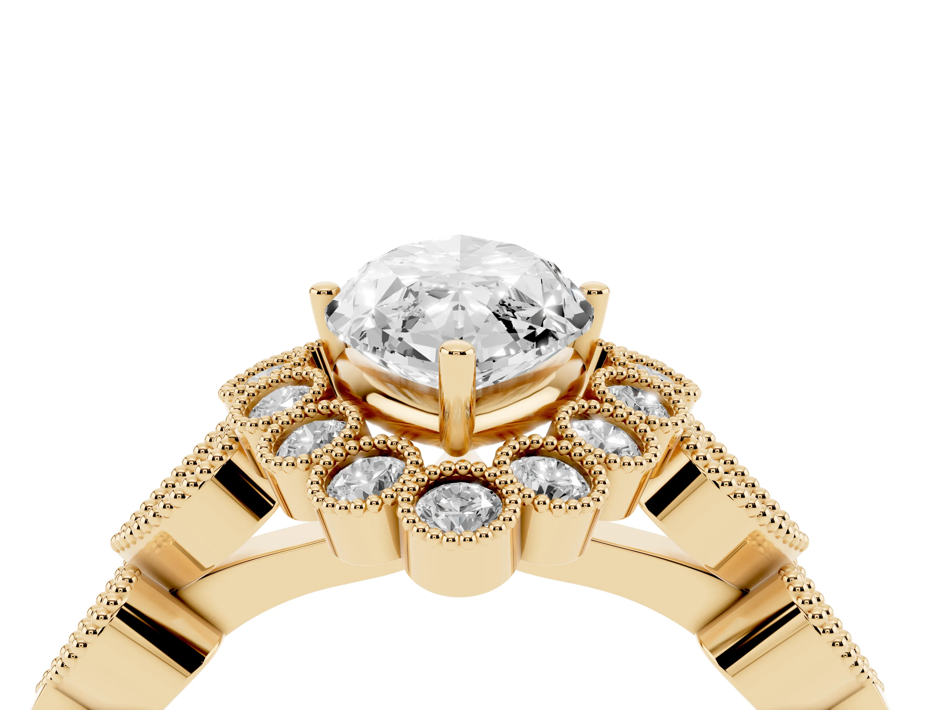 Marquise Cut Diamond Solitaire Ring Set in Yellow gold with Milgrain Pavé Heart Band