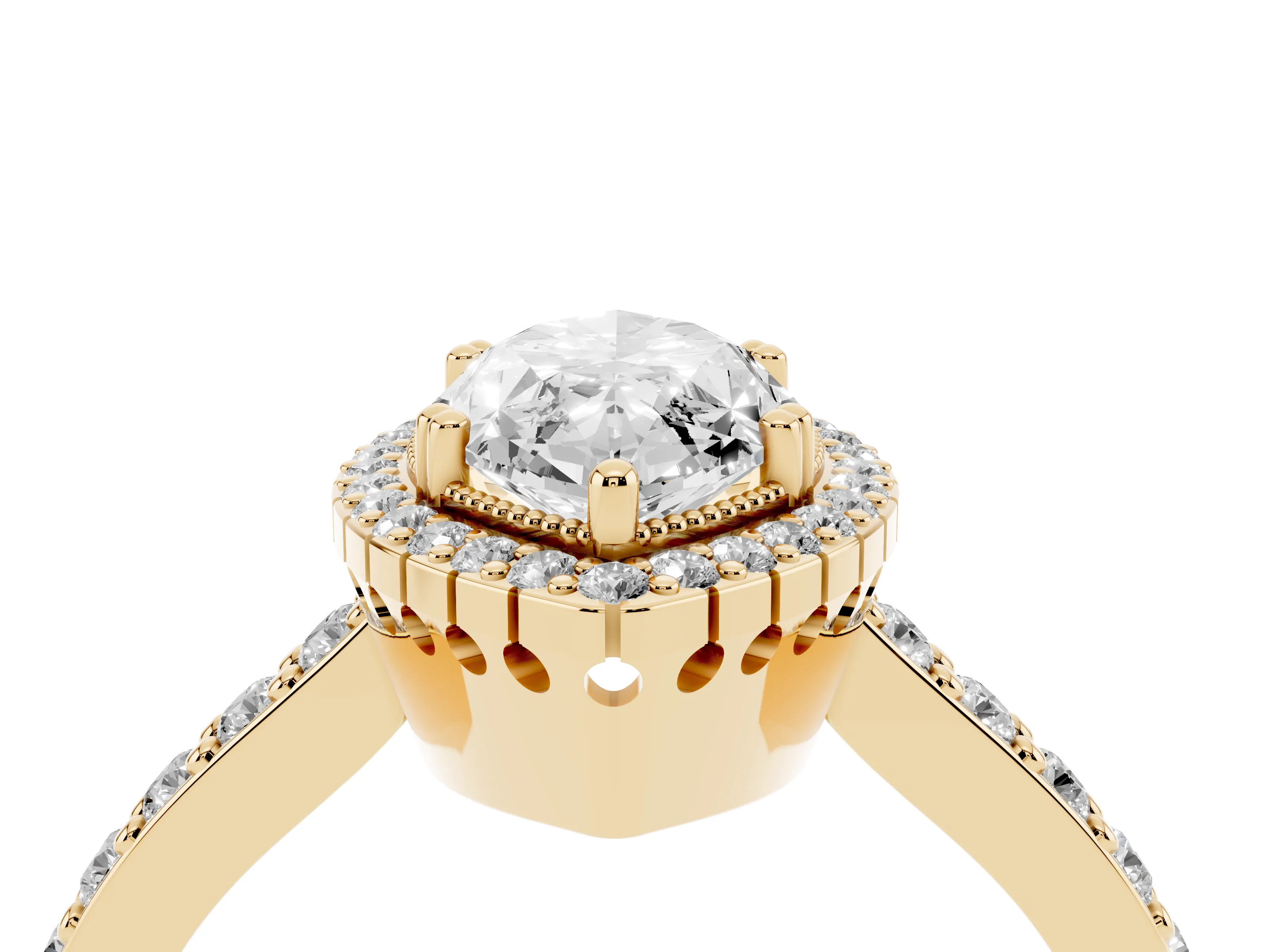 Marquise Cut Diamond Halo Engagement Ring Set in Yellow gold with Milgrain Detail and Pavé Band
