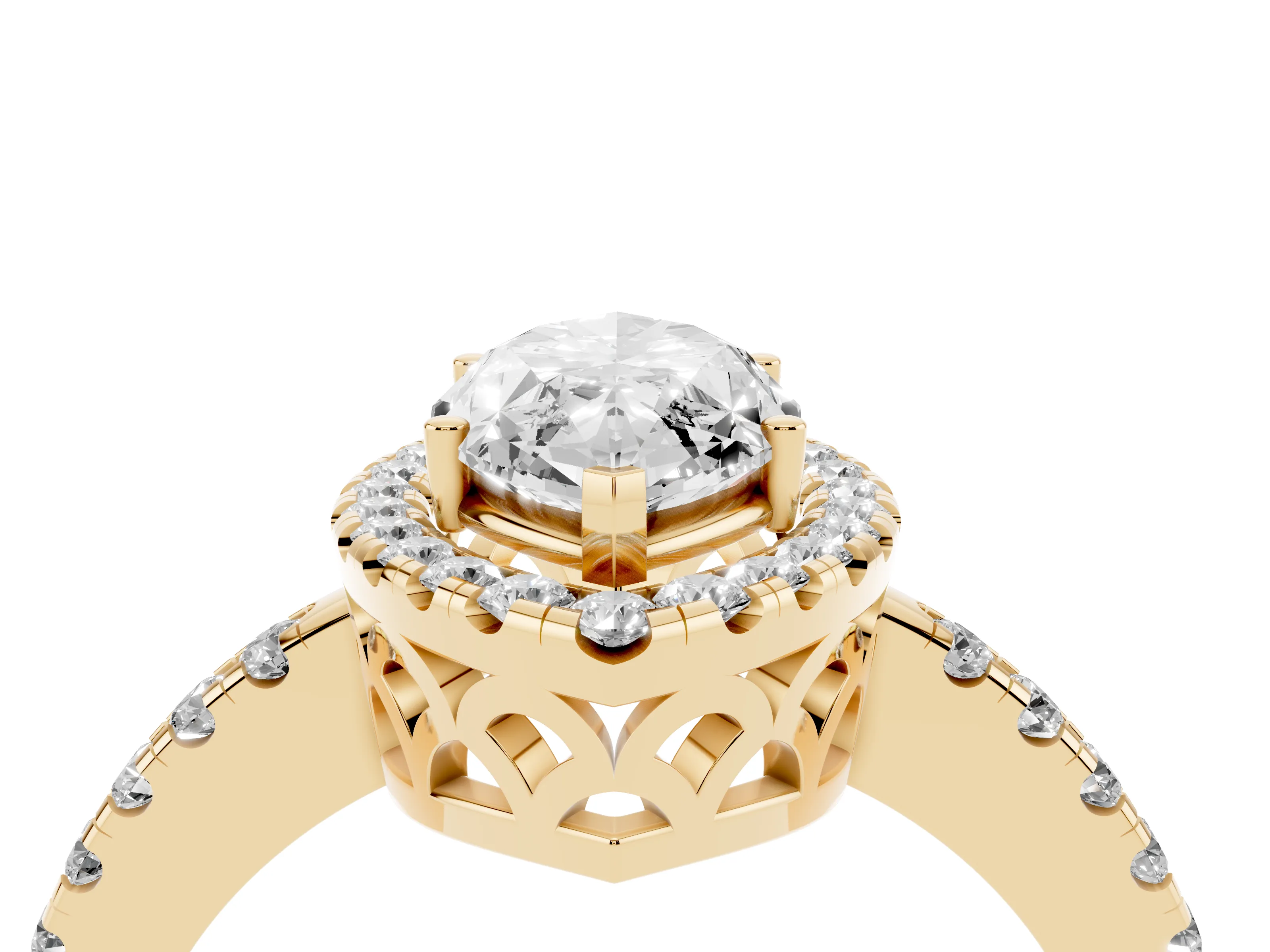 Marquise Cut Diamond Pavé Band Halo Engagement Ring Set in Yellow gold with Prong Setting