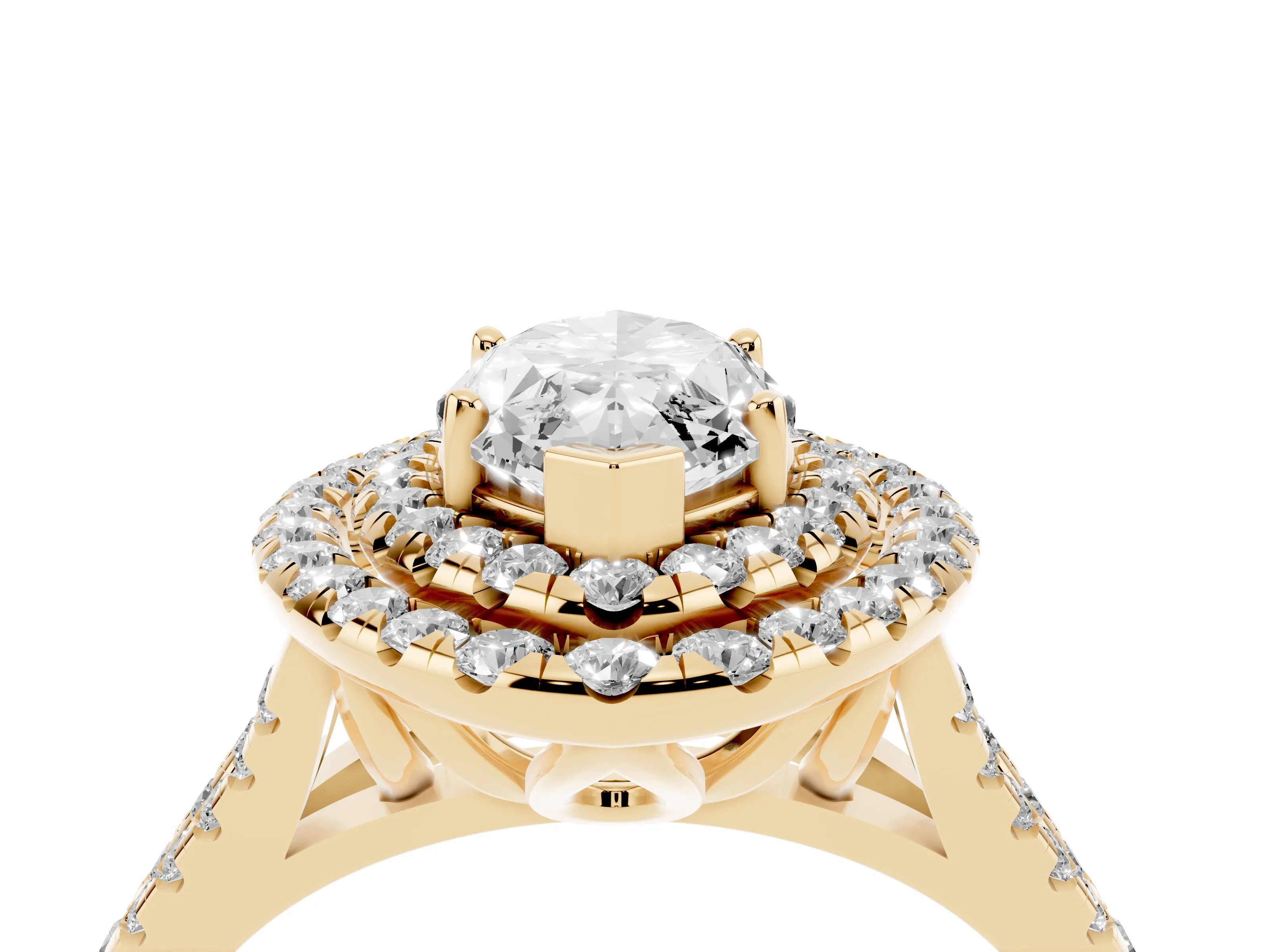Marquise Cut Diamond Double Halo Ring Set in Yellow gold with Pavé Split Shank and Prong Setting