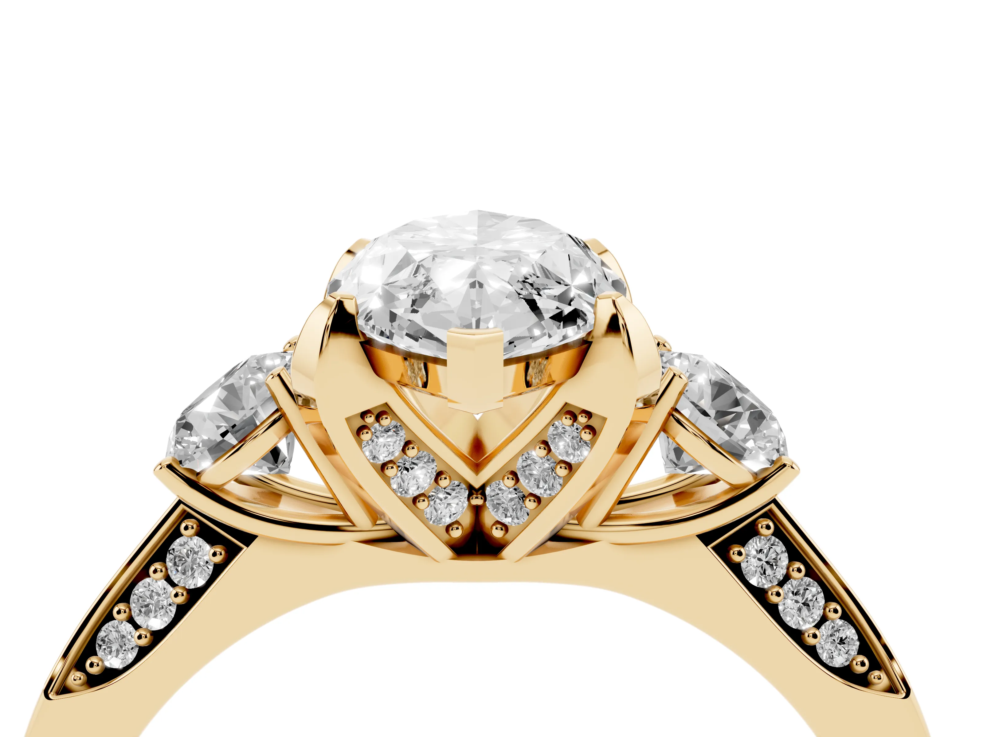 Marquise Cut Diamond Three-Stone Ring Set in Yellow gold with Pavé Band and Smaller Side Stones
