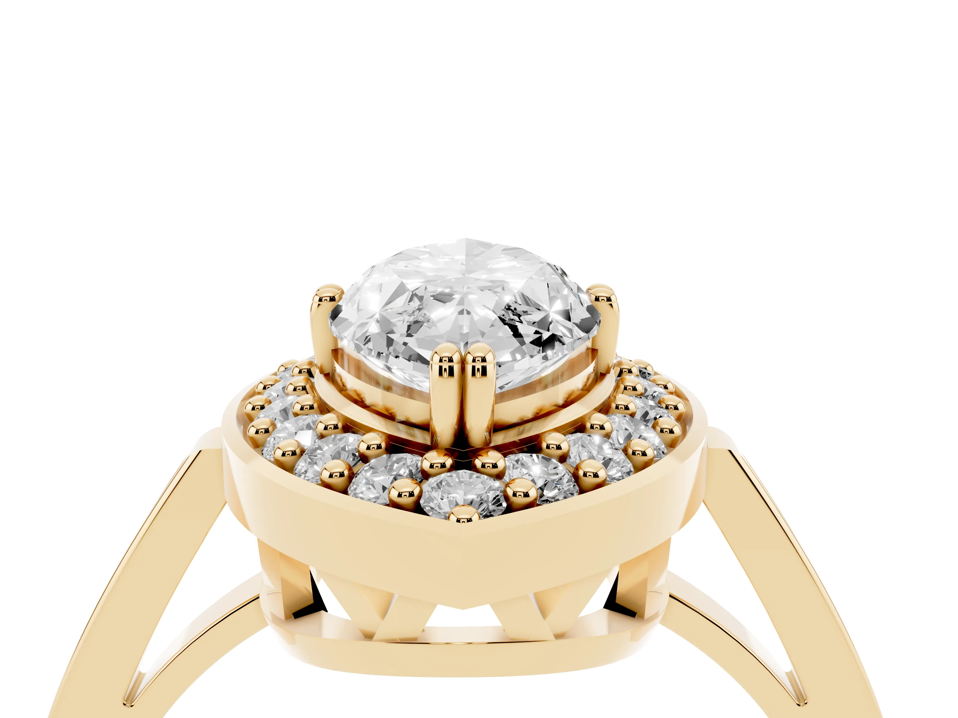 Marquise Cut Diamond Halo Ring Set in Yellow gold with Accent-Lined Split Shank and Prong Setting