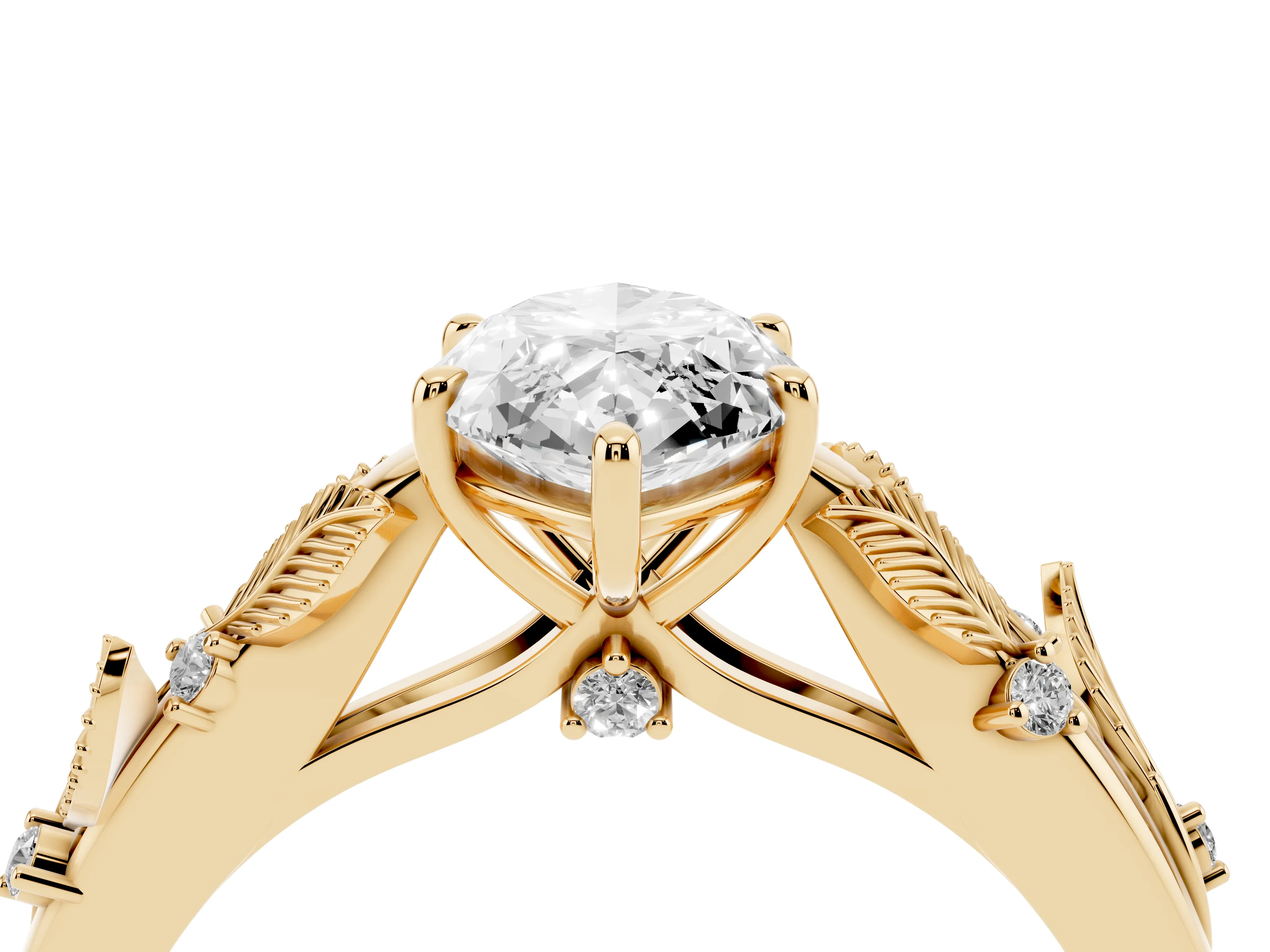 Marquise Cut Diamond Solitaire Ring Set in Yellow gold with Leaf Motif Band