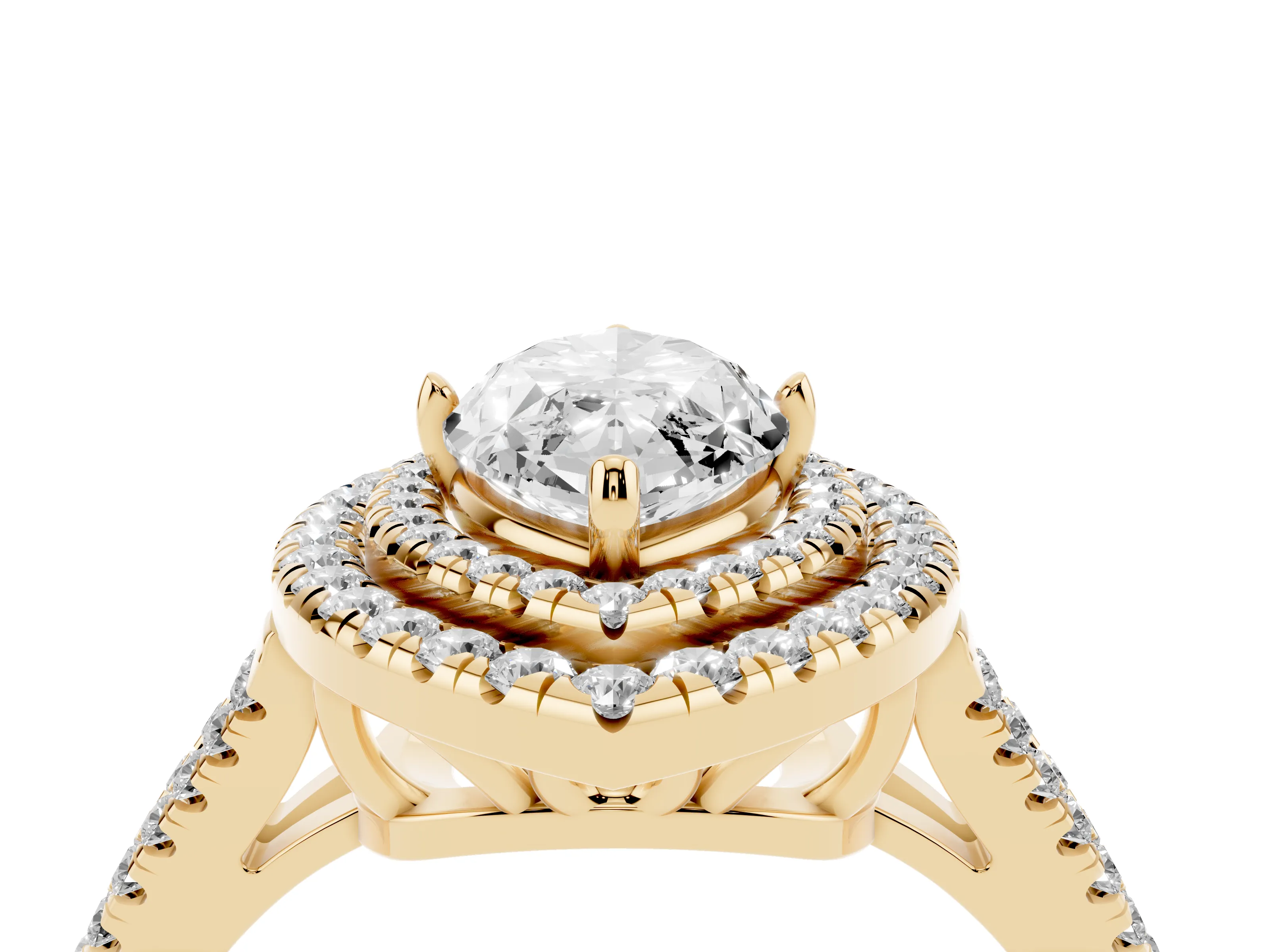 Marquise Cut Diamond Double Halo Ring Set in Yellow gold with Pavé Band