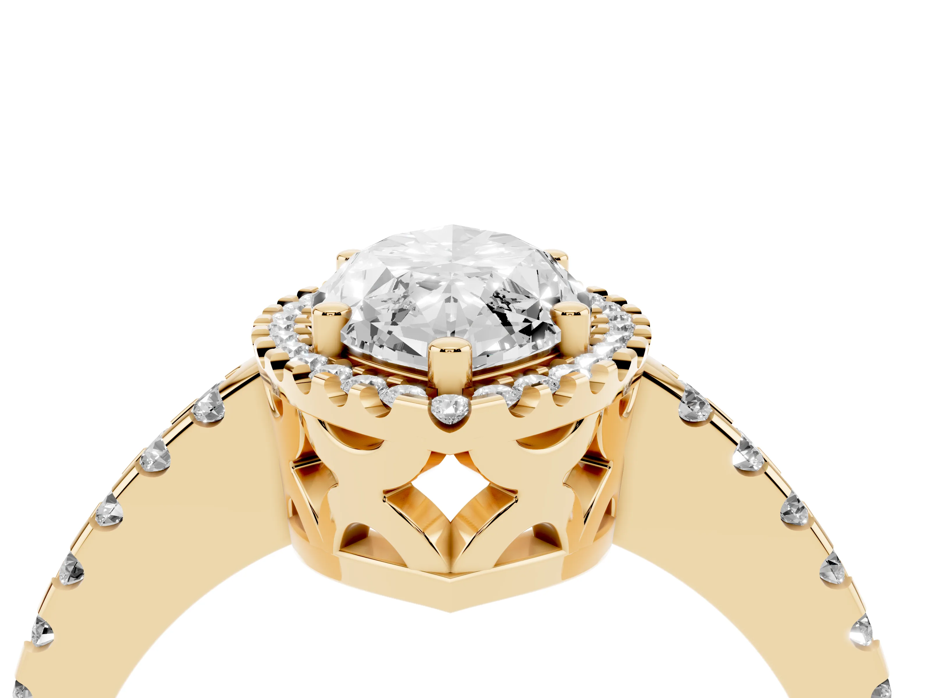 Marquise Cut Diamond Halo Ring Set in Yellow gold with Pavé Shoulders and Halo-Framed Center
