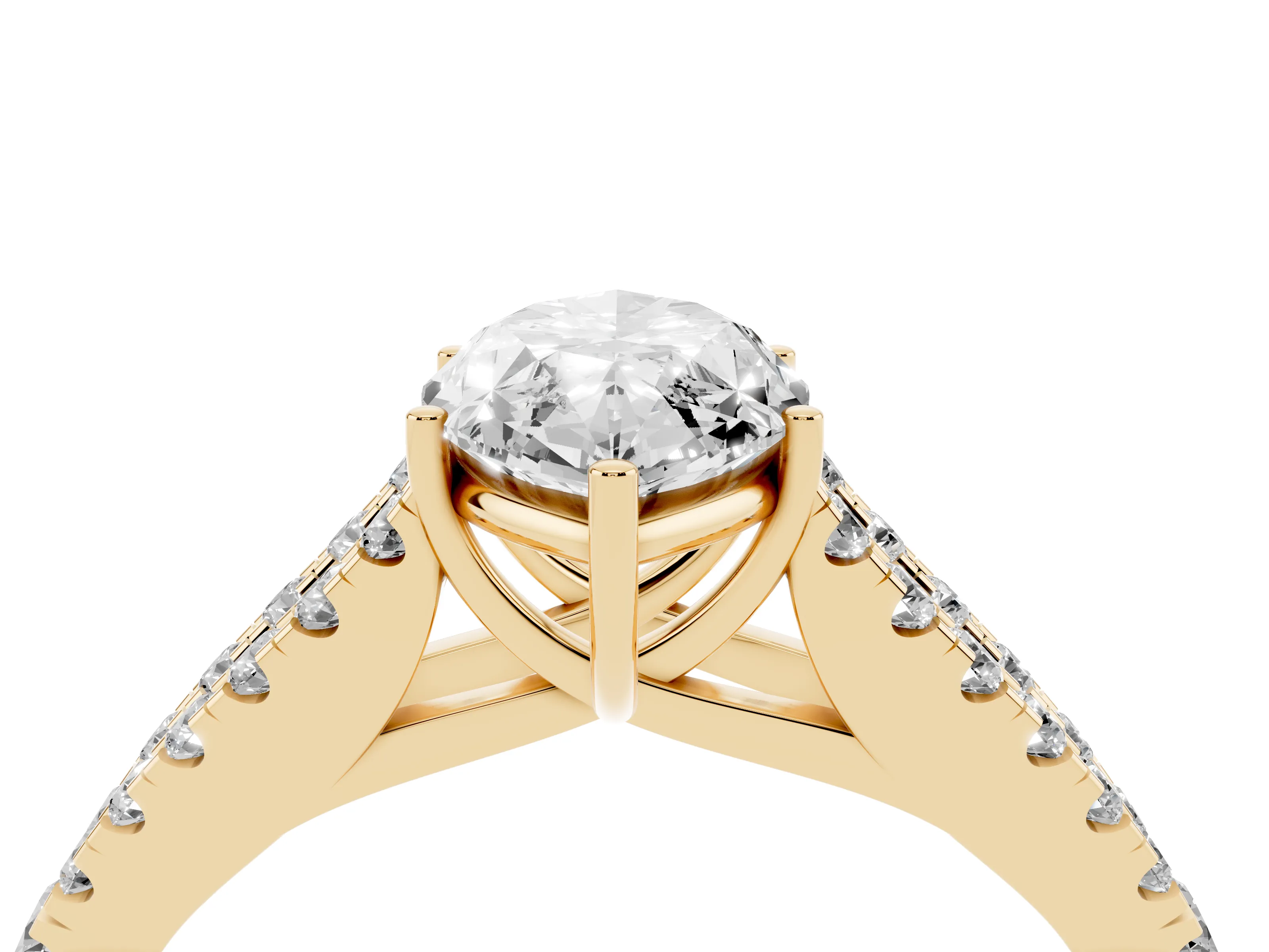 Marquise Cut Diamond Split Shank Pavé Engagement Ring Set in Yellow gold with Prong-Held Center Stone