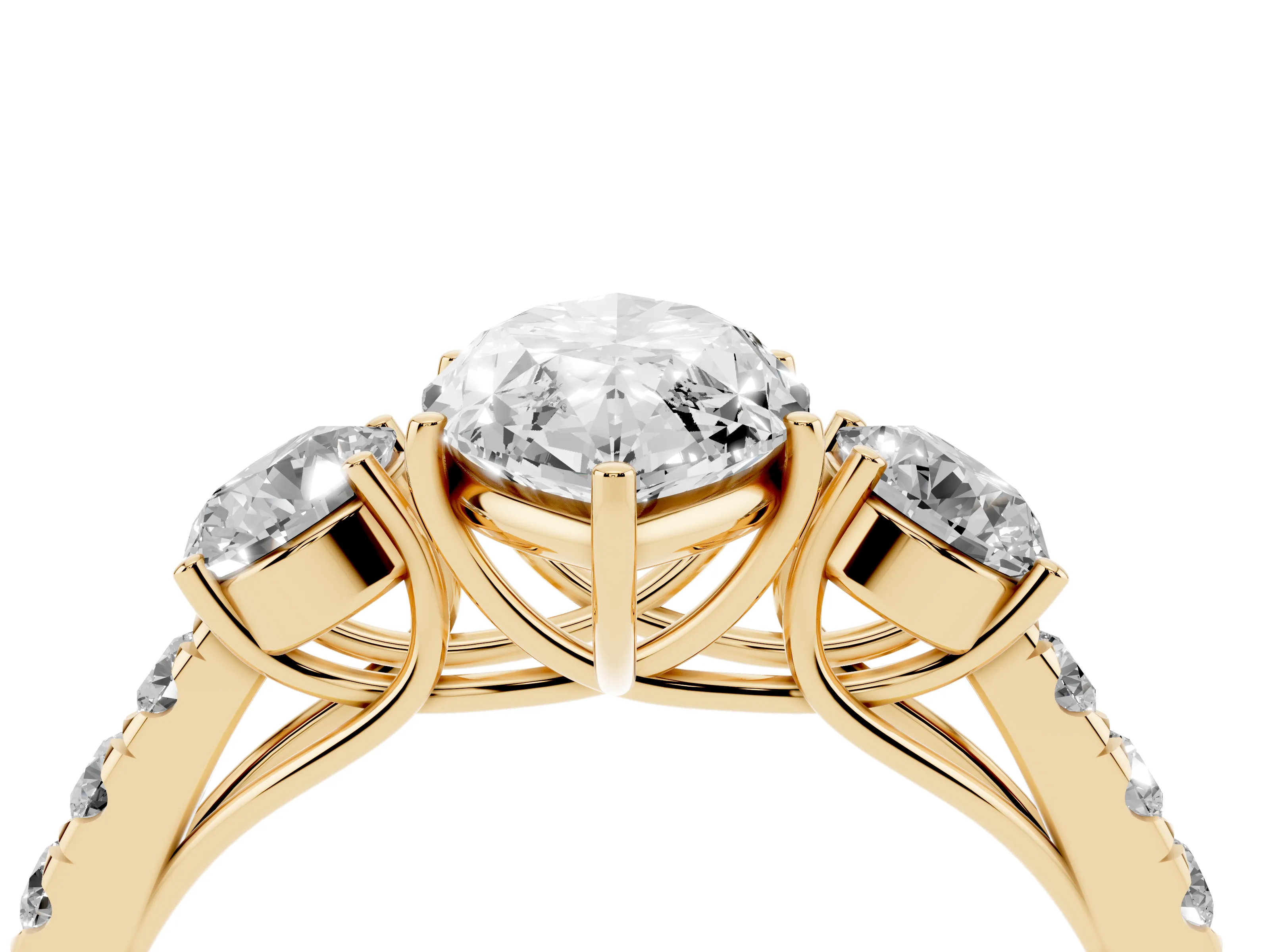 Marquise Cut Diamond Three-Stone Ring Set in Yellow gold with Round Side Stones and Delicate Pavé Band