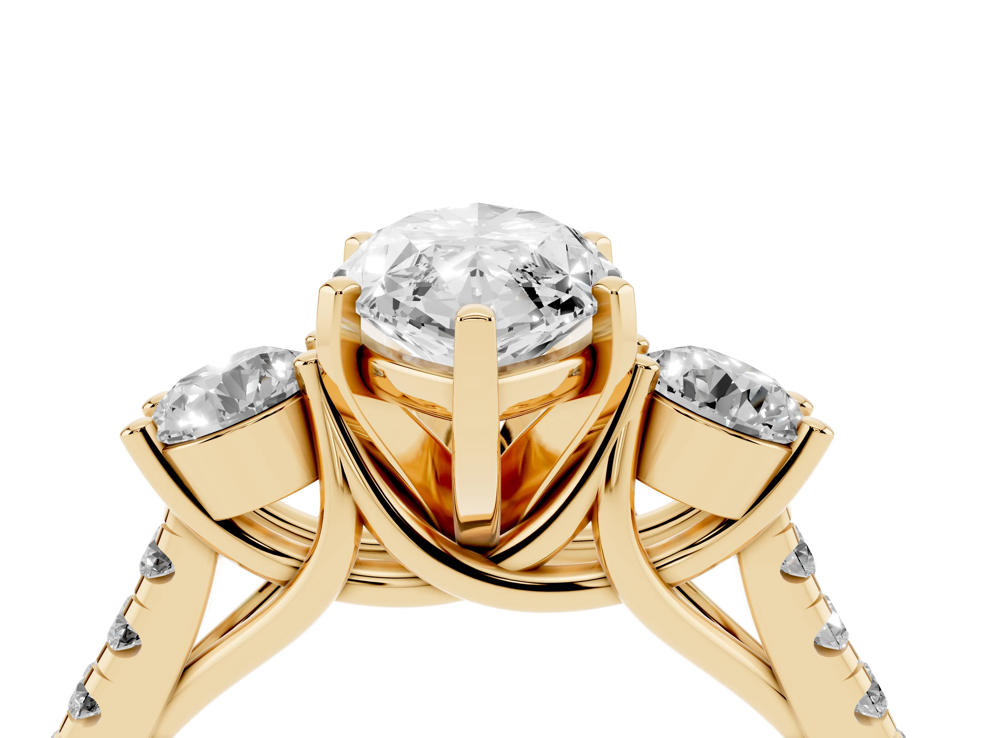 Three-Stone Marquise Cut Diamond Pavé Band Ring Set in Yellow gold with Prong-Set Trio