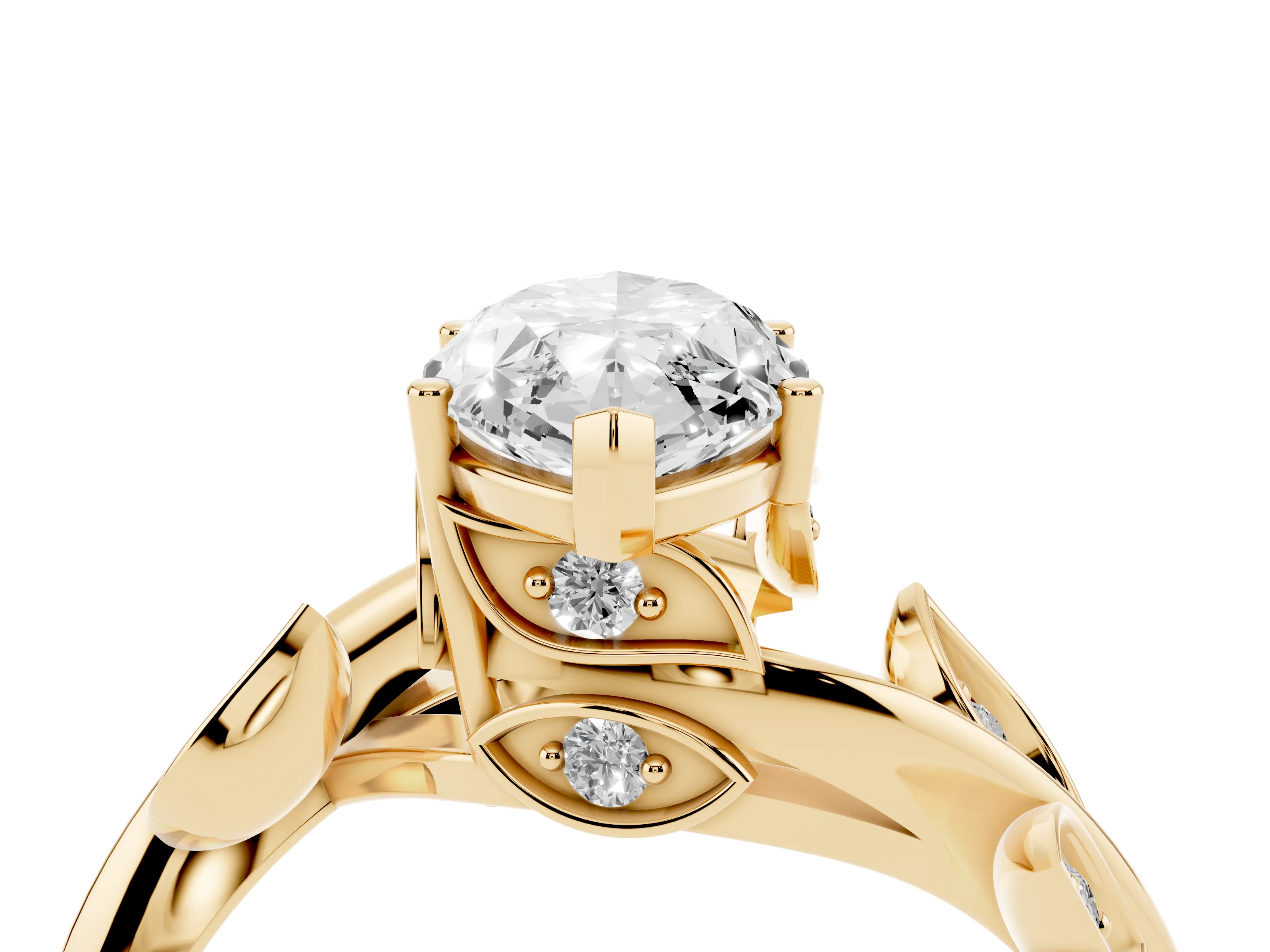 Marquise Cut Diamond Solitaire Twist Engagement Ring Set in Yellow gold with Pavé Leaf Accents