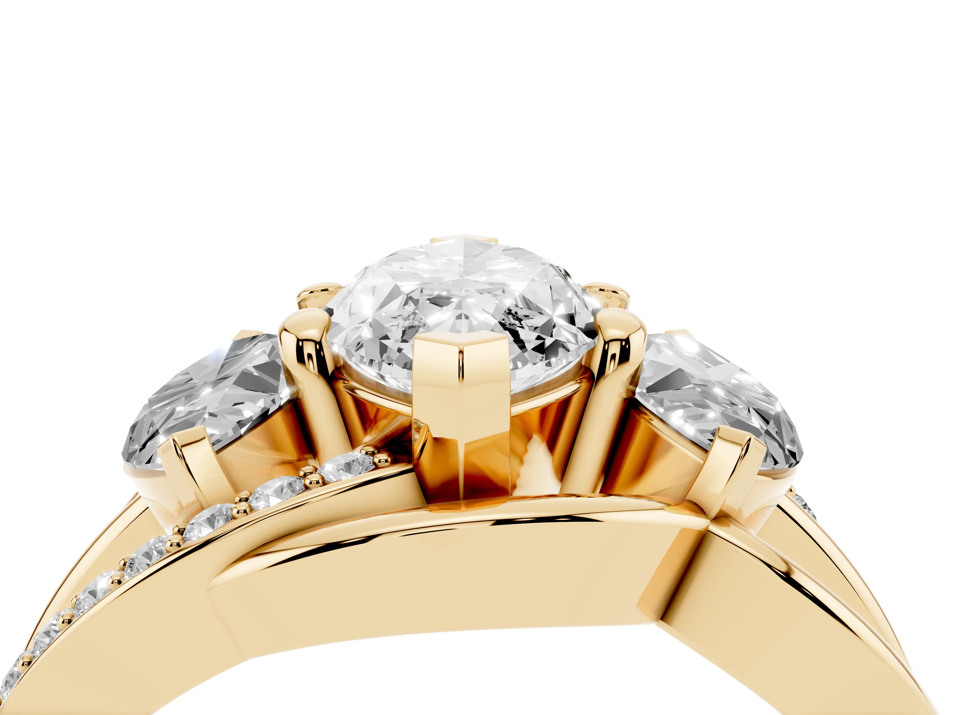 Marquise Cut Diamond Three-Stone Ring Set in Yellow gold with Split Shank and Prong Setting