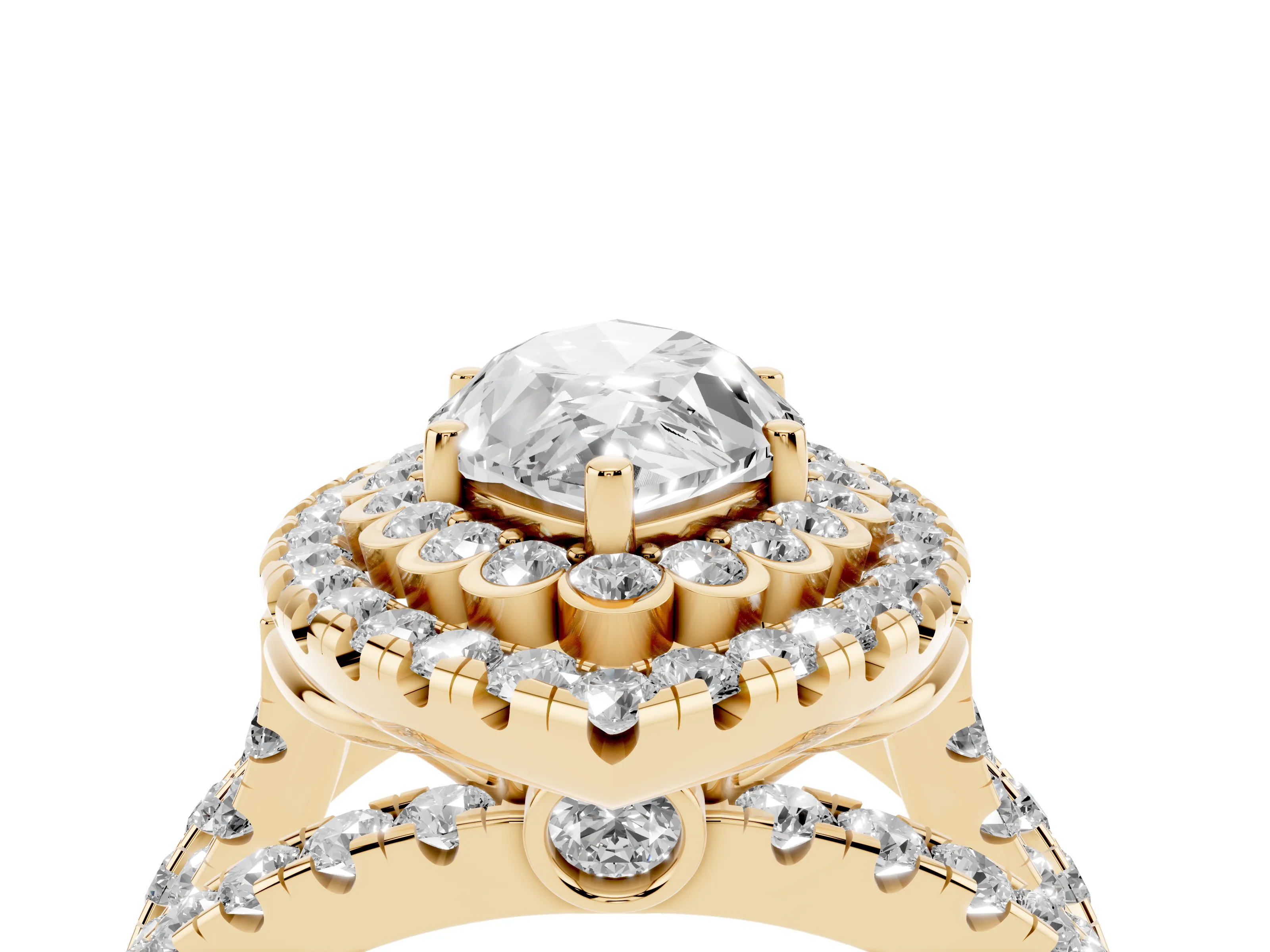 Marquise Cut Diamond Double Halo Ring Set in Yellow gold with Round Pavé Split Shank
