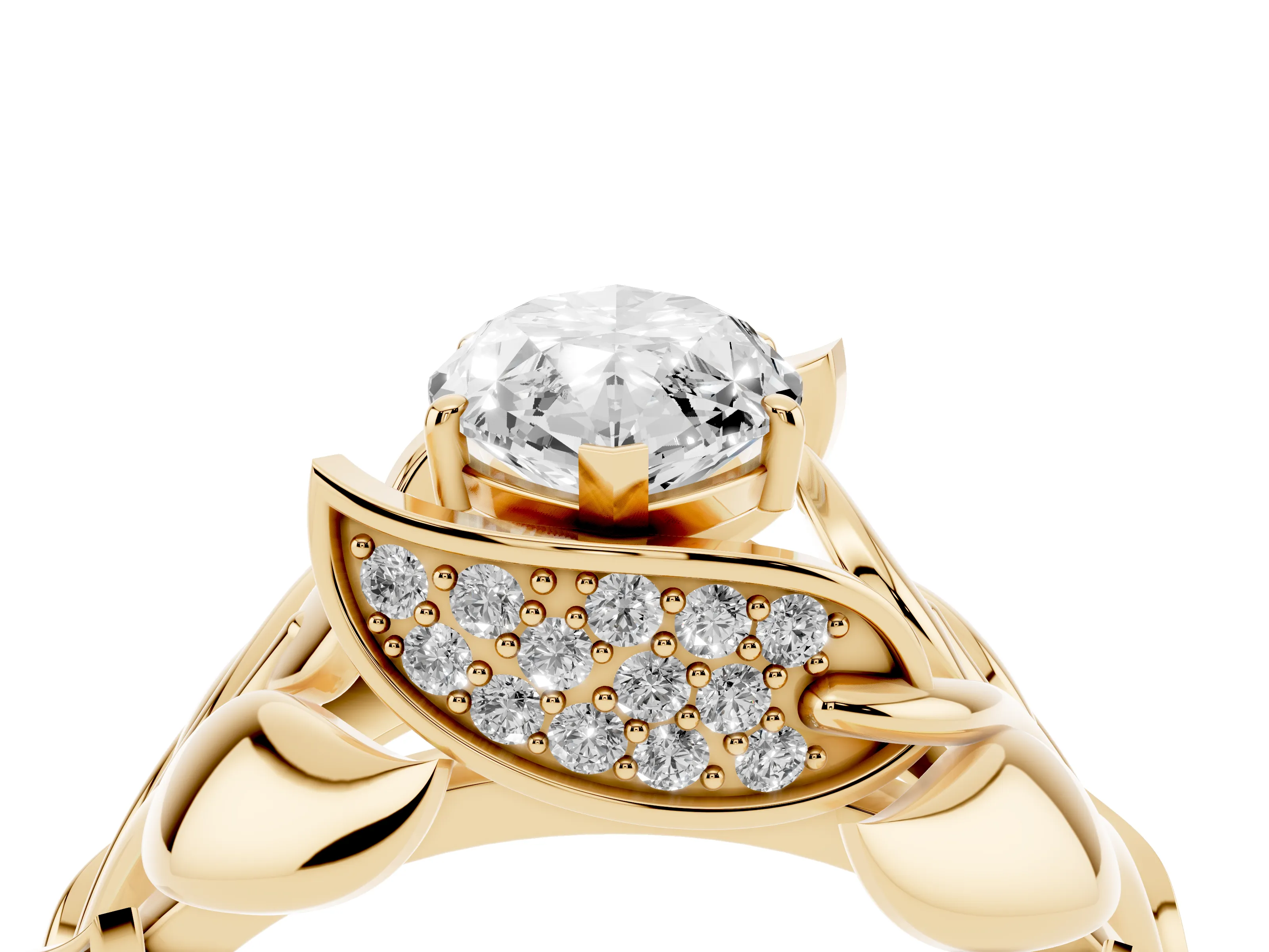 Marquise Cut Diamond Leaf-Inspired Engagement Ring Set in Yellow gold with Round Accents