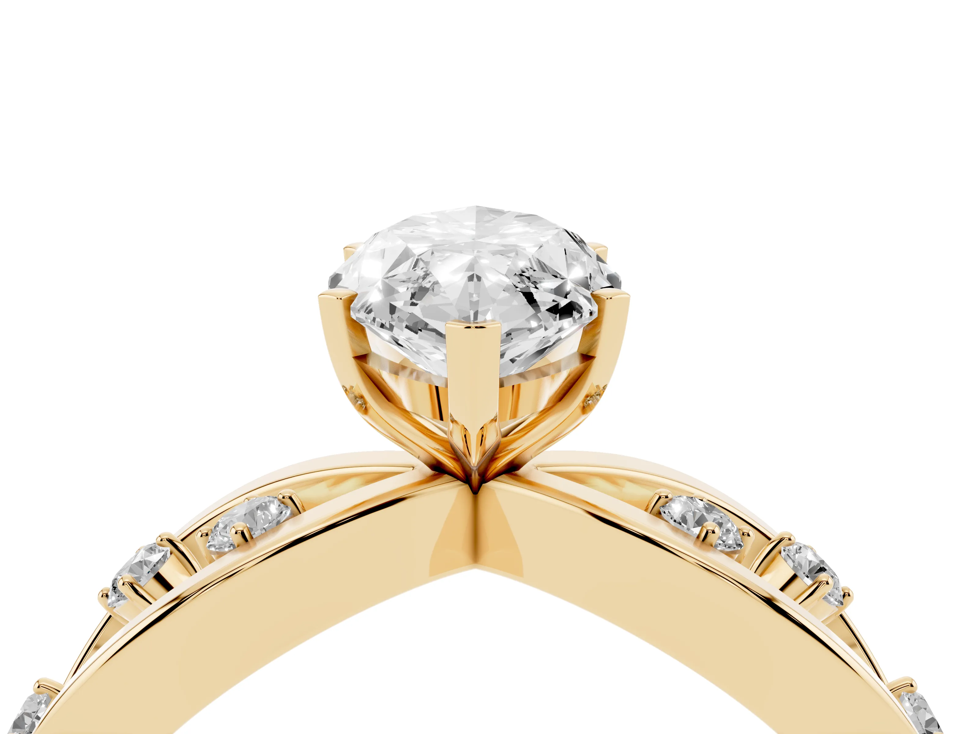 Marquise Cut Diamond Solitaire Ring Set in Yellow gold with Side Stones on Criss-Cross Band and Prong Setting