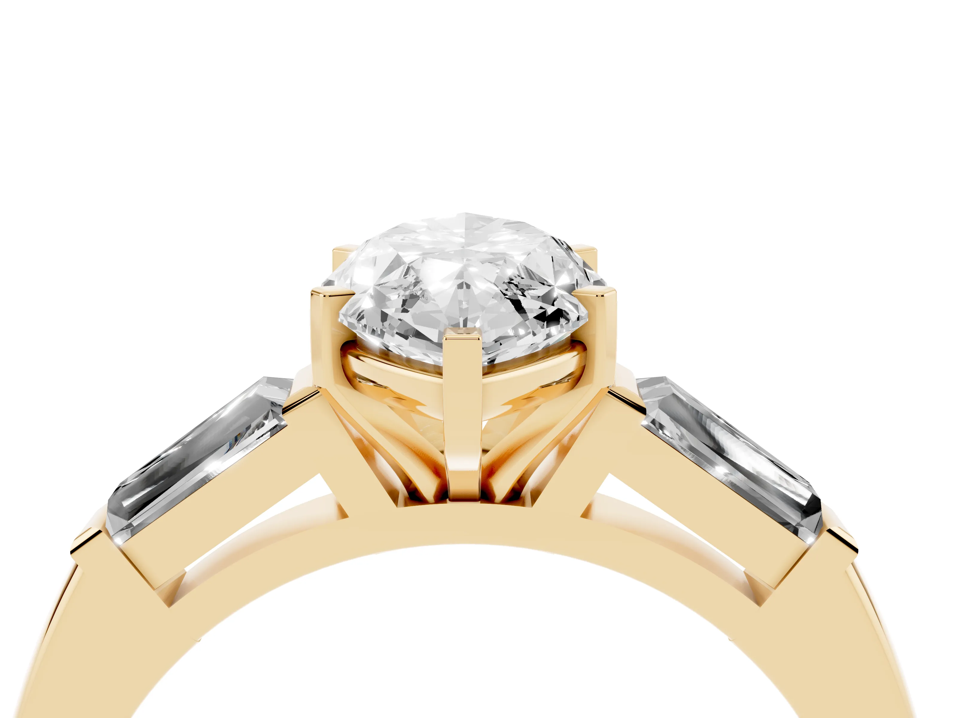 Marquise Cut Diamond Solitaire Ring Set in Yellow gold with Tapered Baguette Side Stones and Prong Setting