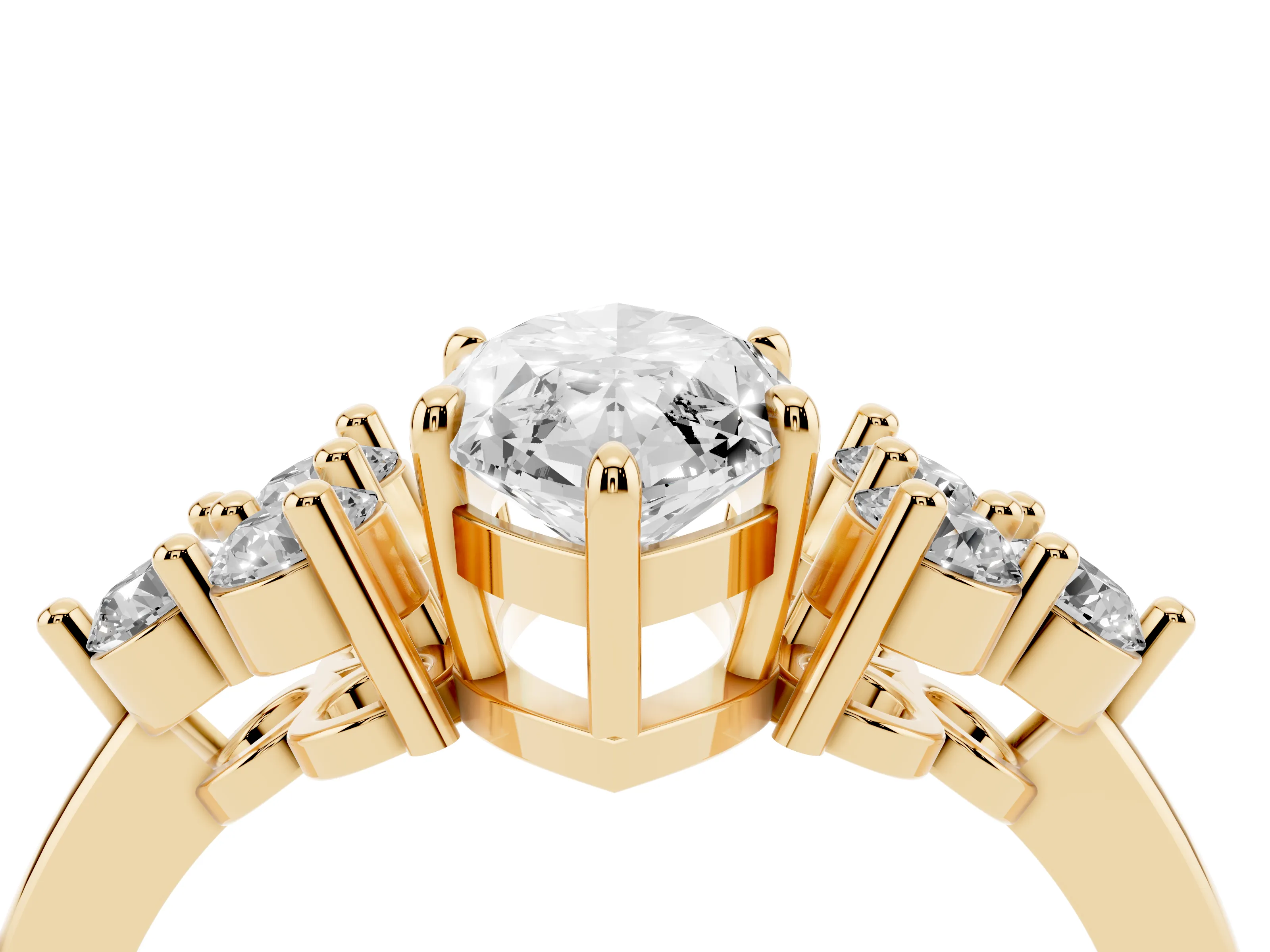 Marquise Cut Diamond Solitaire Ring Set in Yellow gold with Cluster Accents on Each Side