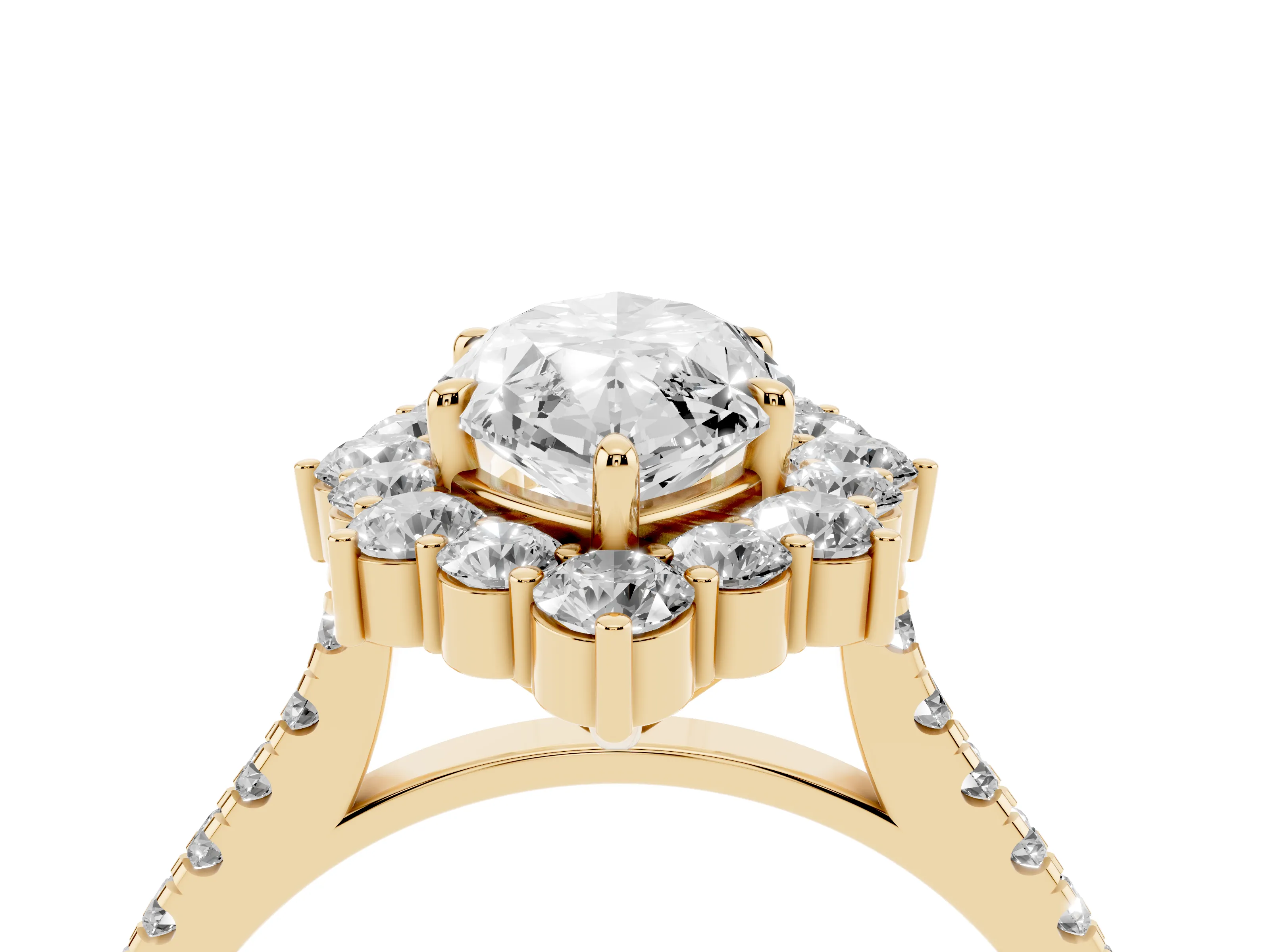 Marquise Cut Diamond Halo Ring Set in Yellow gold with Pavé Band and Prong Setting