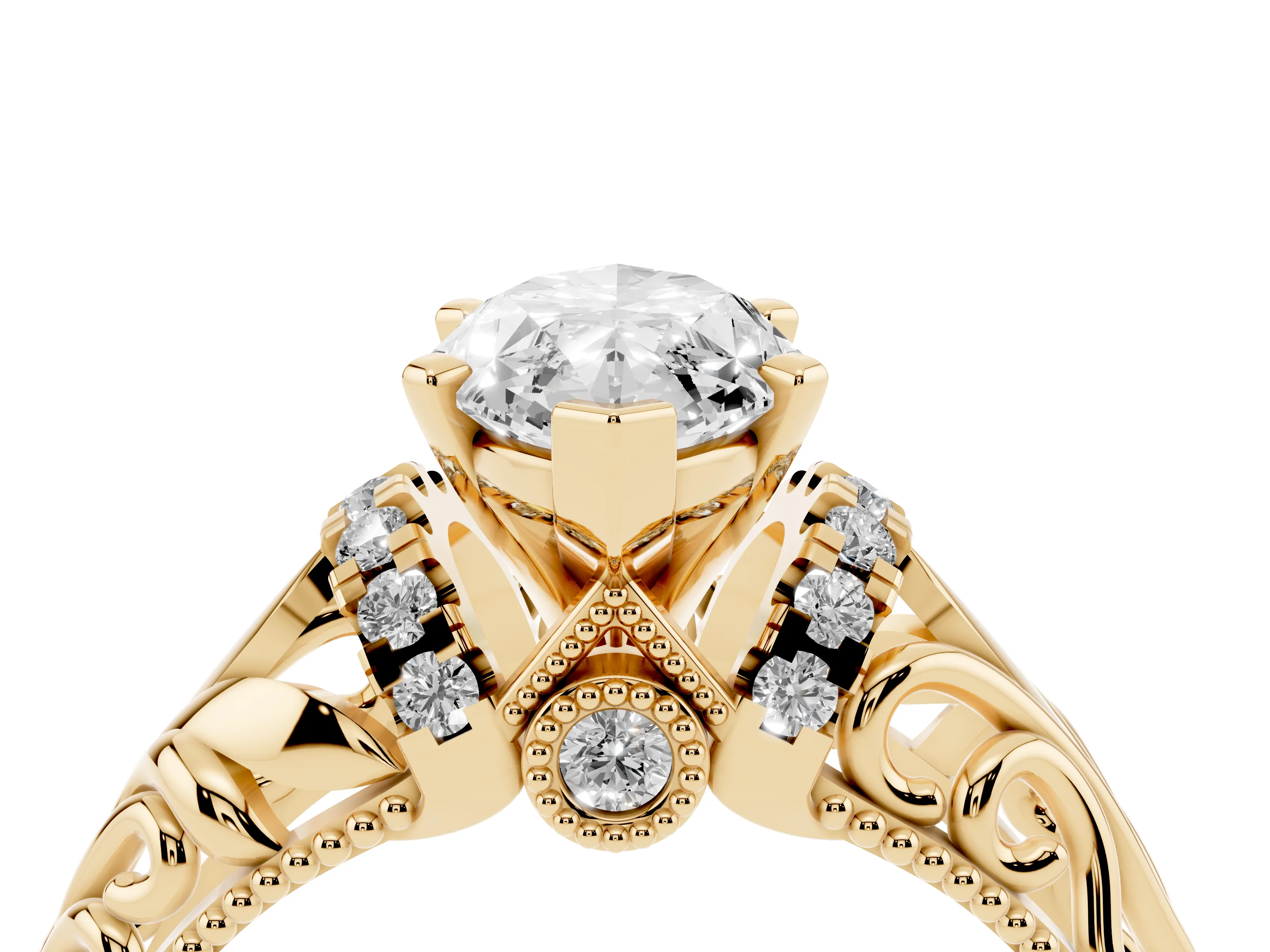 Marquise Cut Diamond Filigree Halo Engagement Ring Set in Yellow gold with Prong Setting