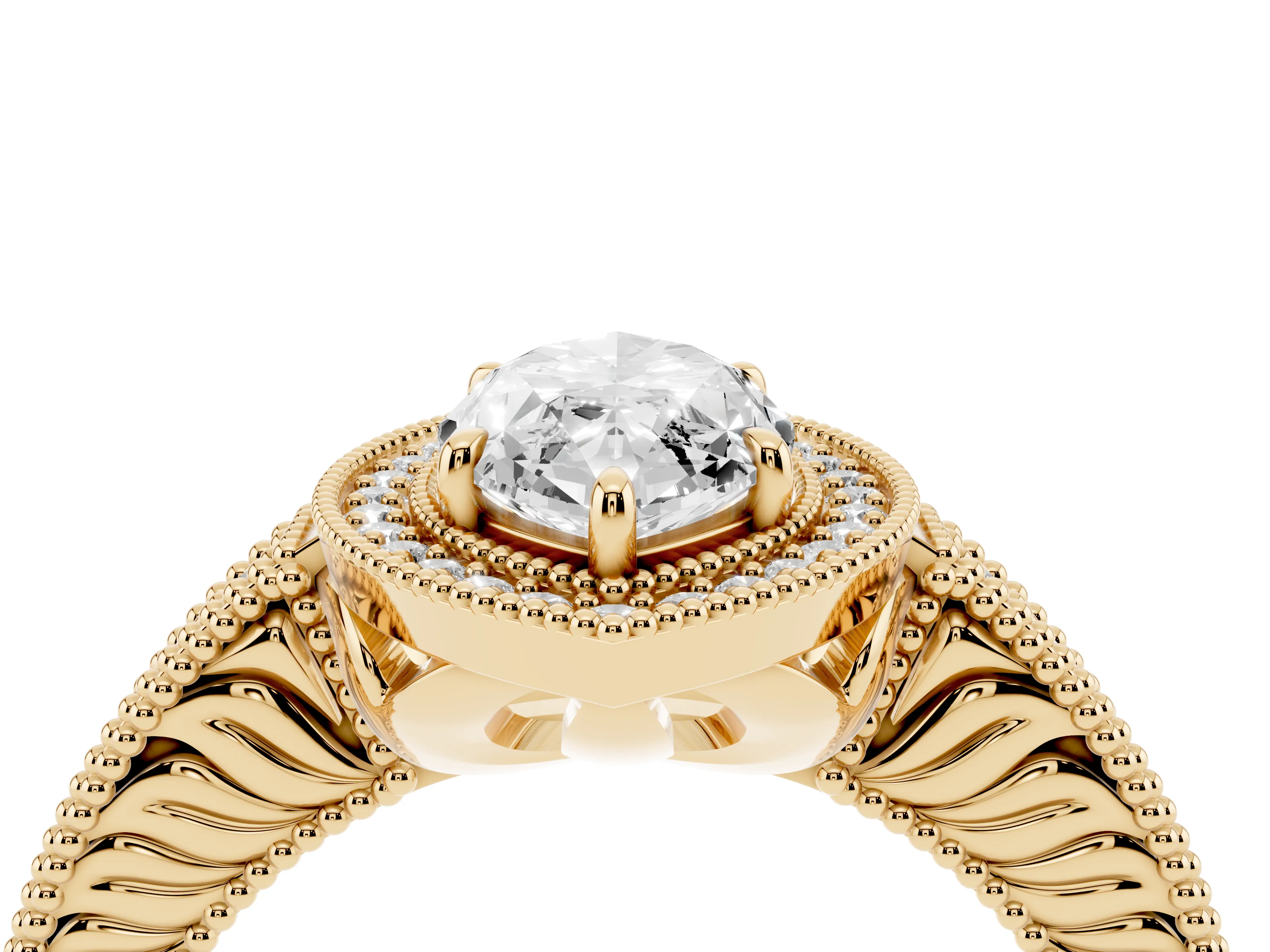 Marquise Cut Diamond Halo Ring Set in Yellow gold with Round Accent Halo, Pavé Band and Prong Setting