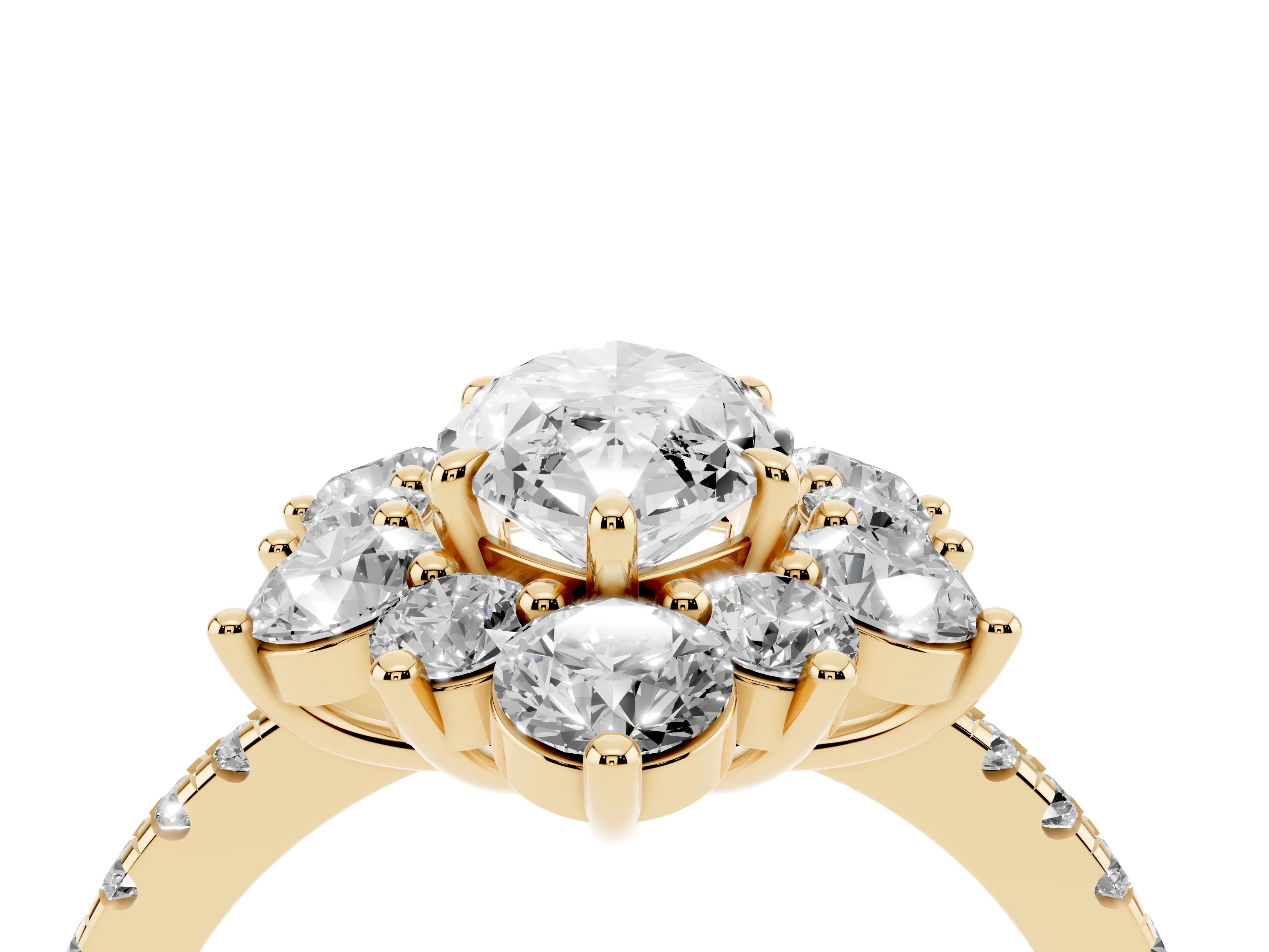 Marquise Cut Diamond Floral Halo Ring Set in Yellow gold with Round Pavé Band and Prong Setting