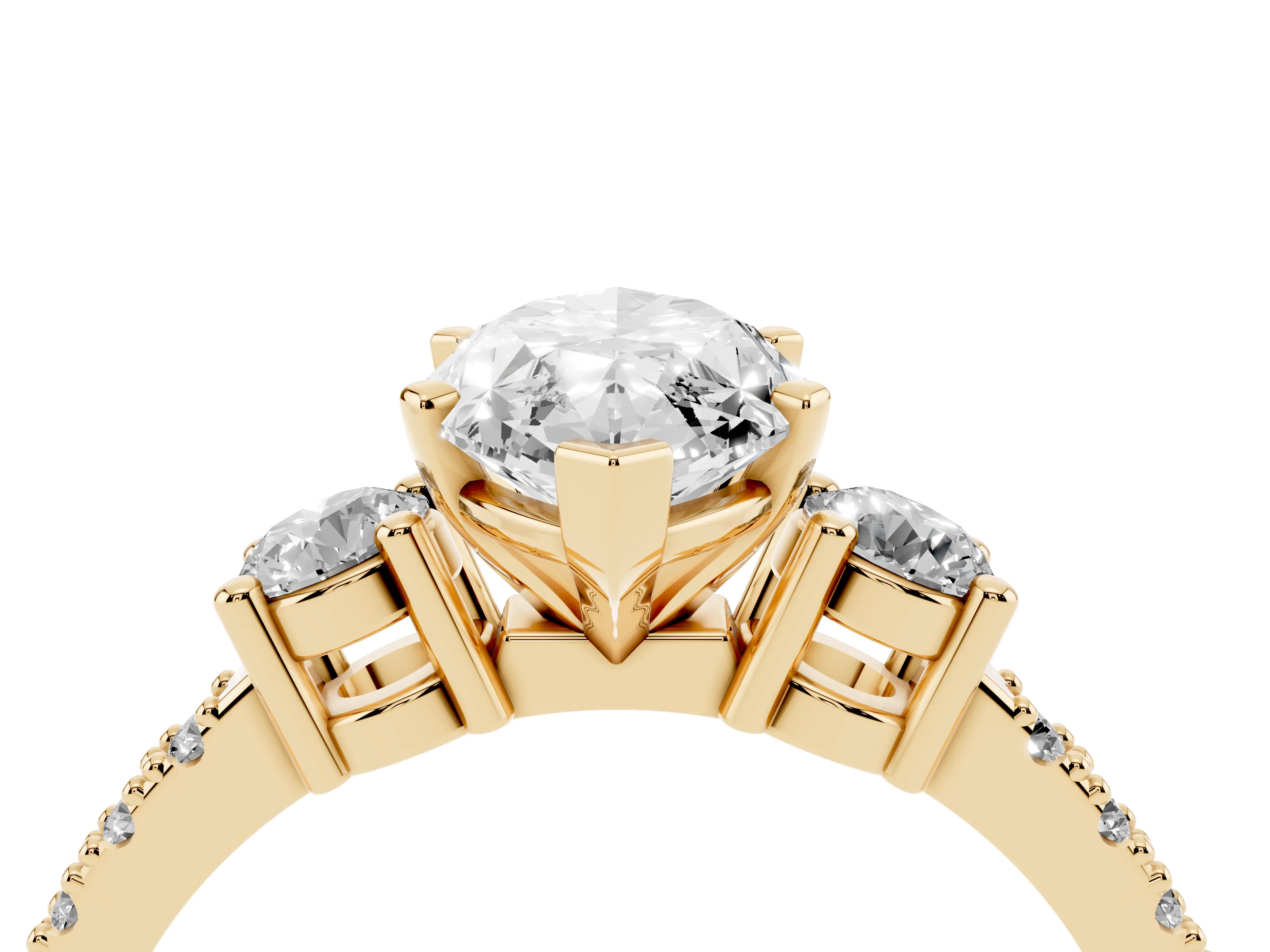 Three-Stone Marquise Cut Diamond Pavé Band Ring Set in Yellow gold with Prong Setting