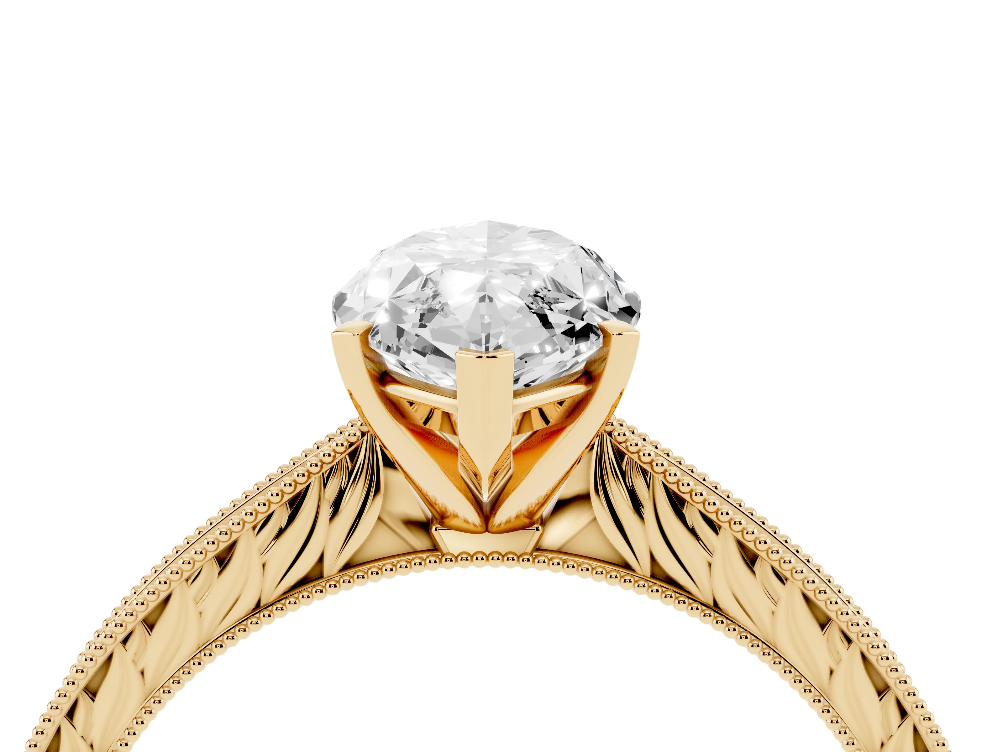 Marquise Cut Diamond Solitaire Milgrain Engraved Band Set in Yellow gold with Prong Setting