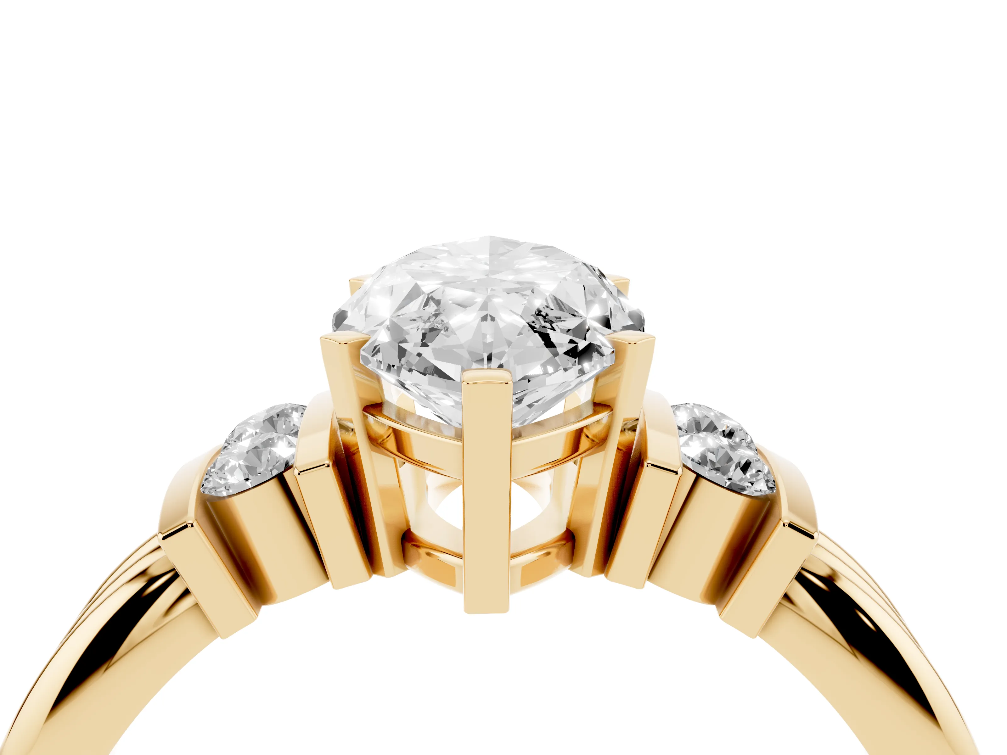 Three-Stone Marquise Cut Diamond Channel Set Ring Set in Yellow gold with Bar Prongs