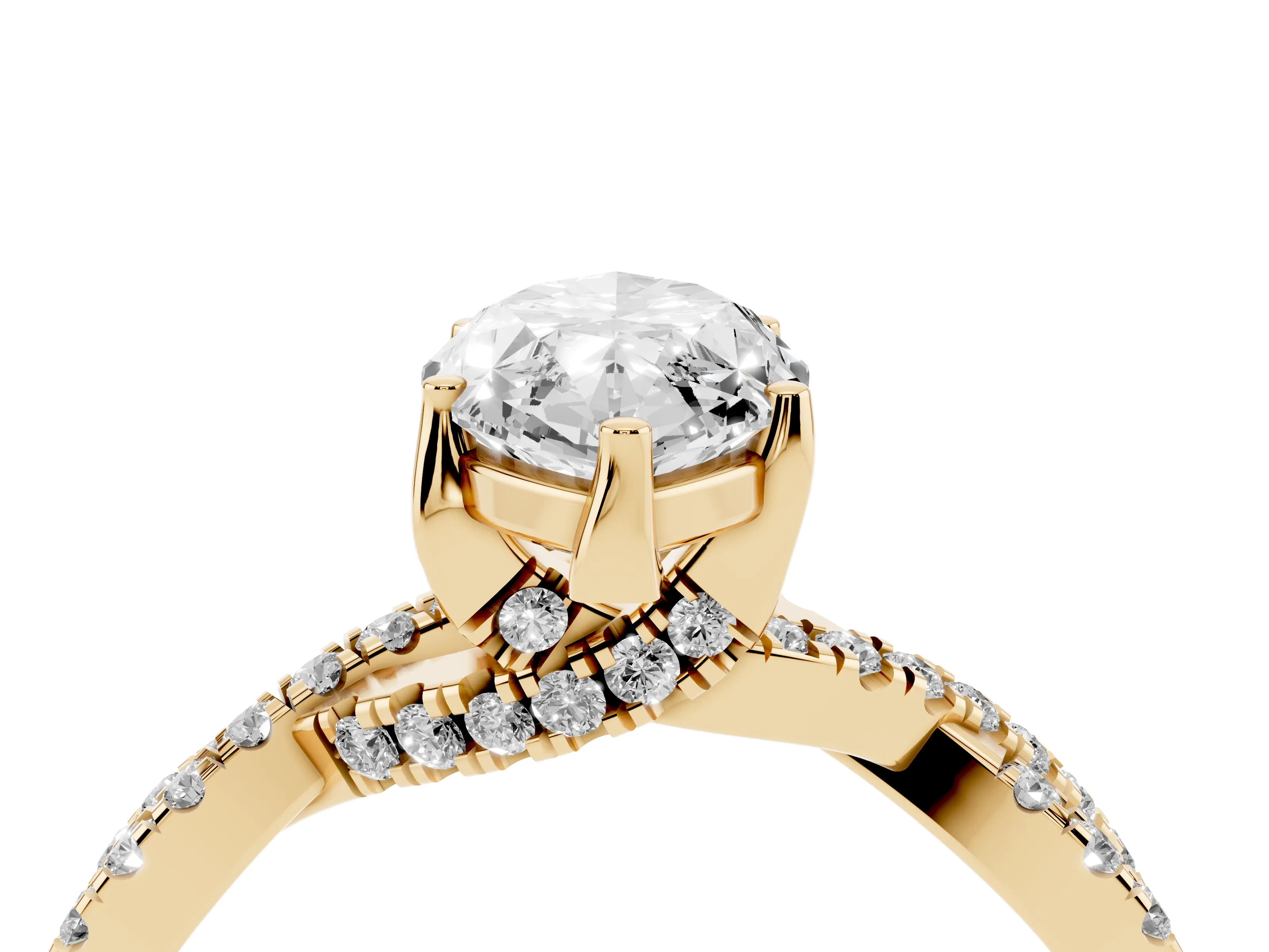 Marquise Cut Diamond Twist Pavé Solitaire Engagement Ring Set in Yellow gold with Prong Setting