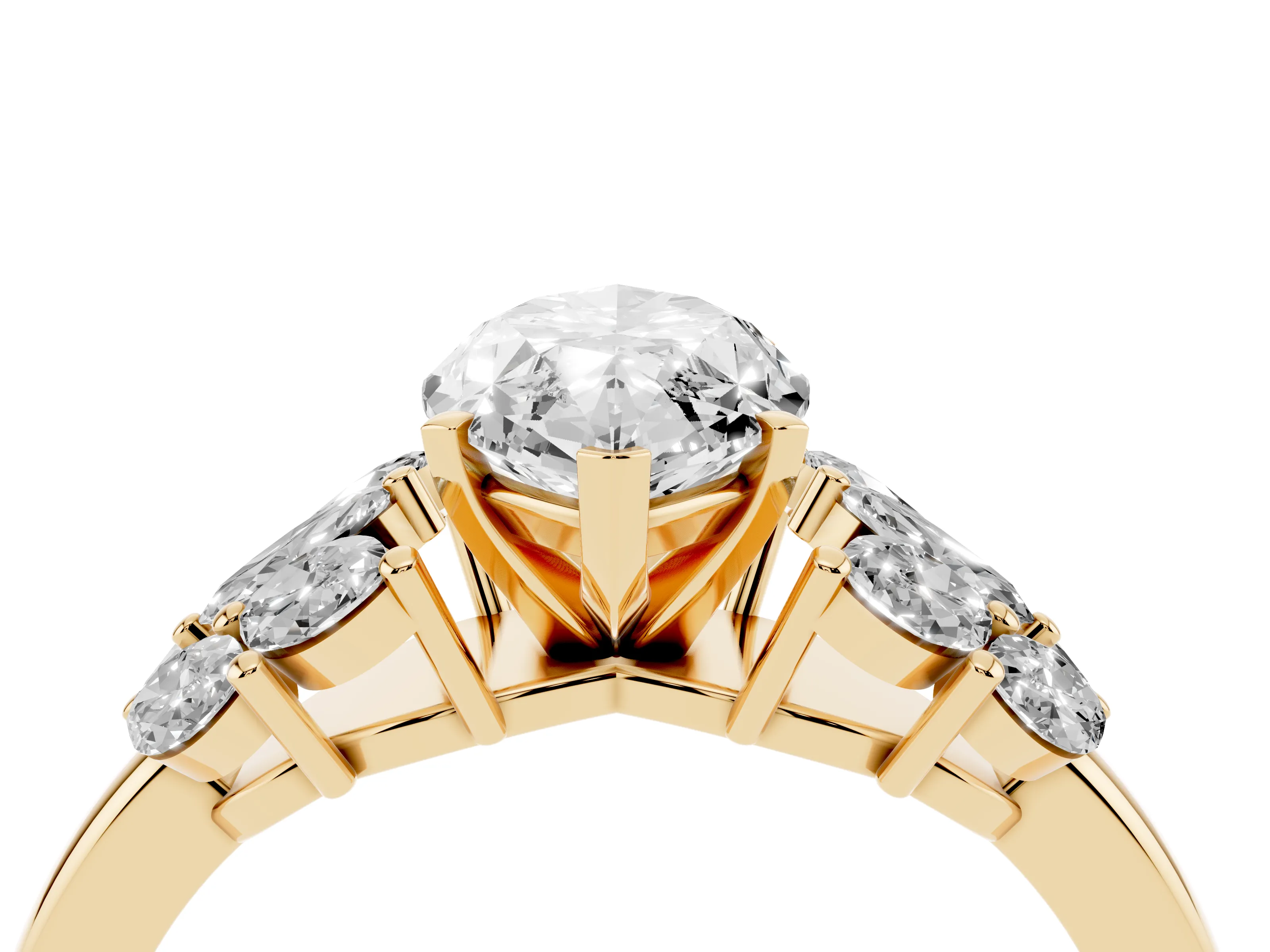 Marquise Cut Diamond Cluster Leaf Design Ring Set in Yellow gold with Prong Setting