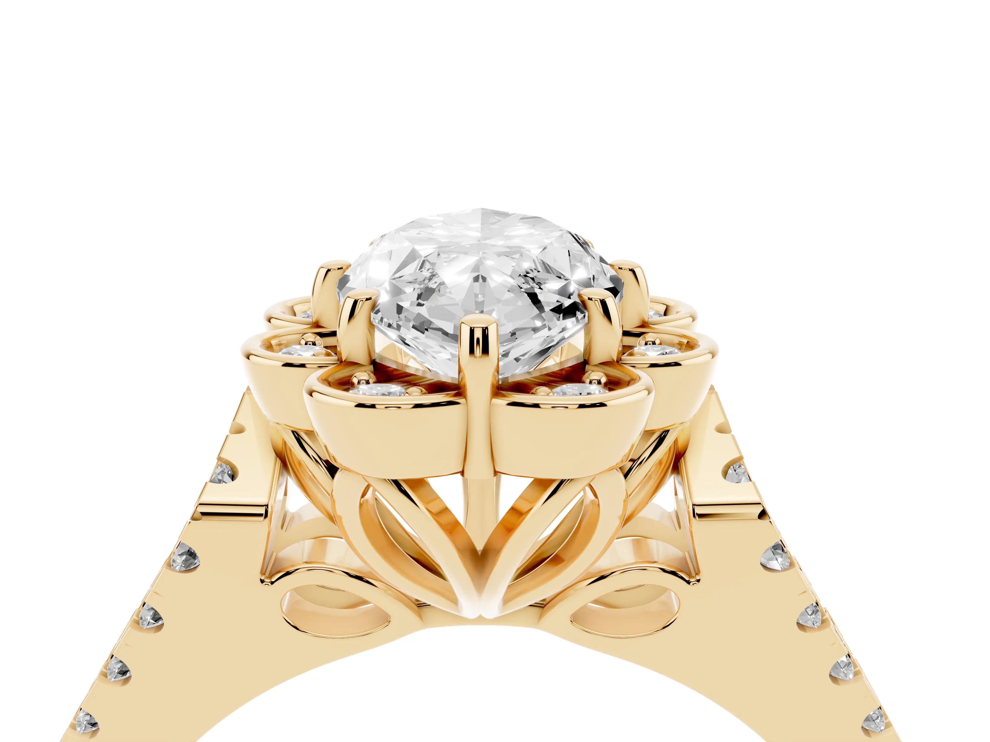 Marquise Cut Diamond Floral Halo Split Shank Engagement Ring Set in Yellow gold with Pavé Shank