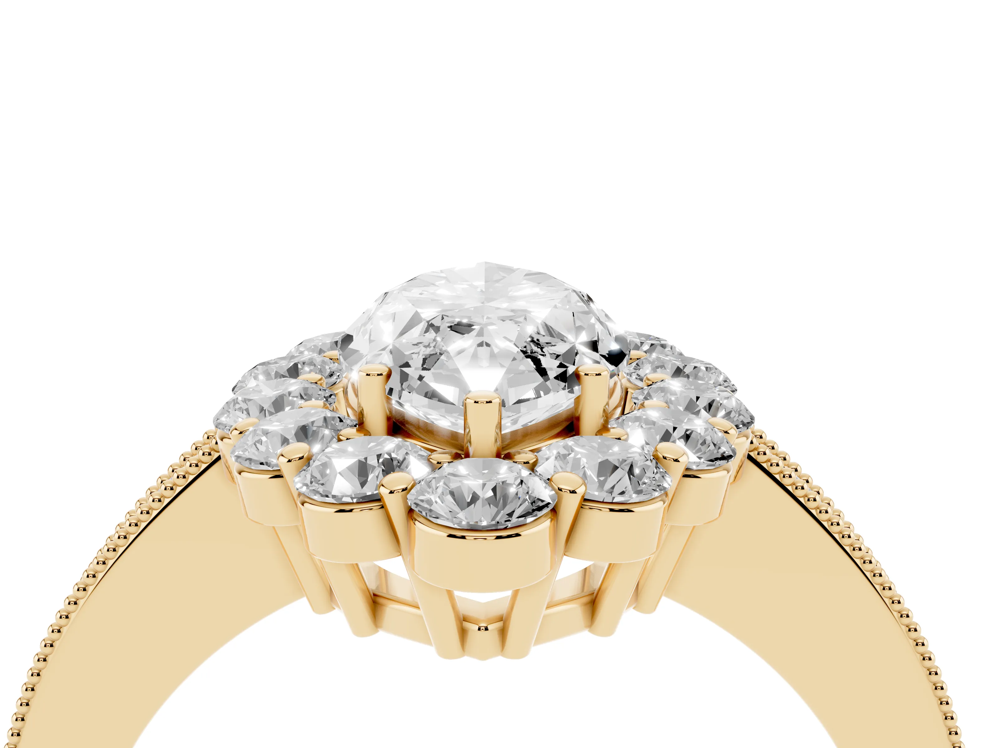 Marquise Cut Diamond Halo Pavé Engagement Ring Set in Yellow gold with Milgrain Detailing